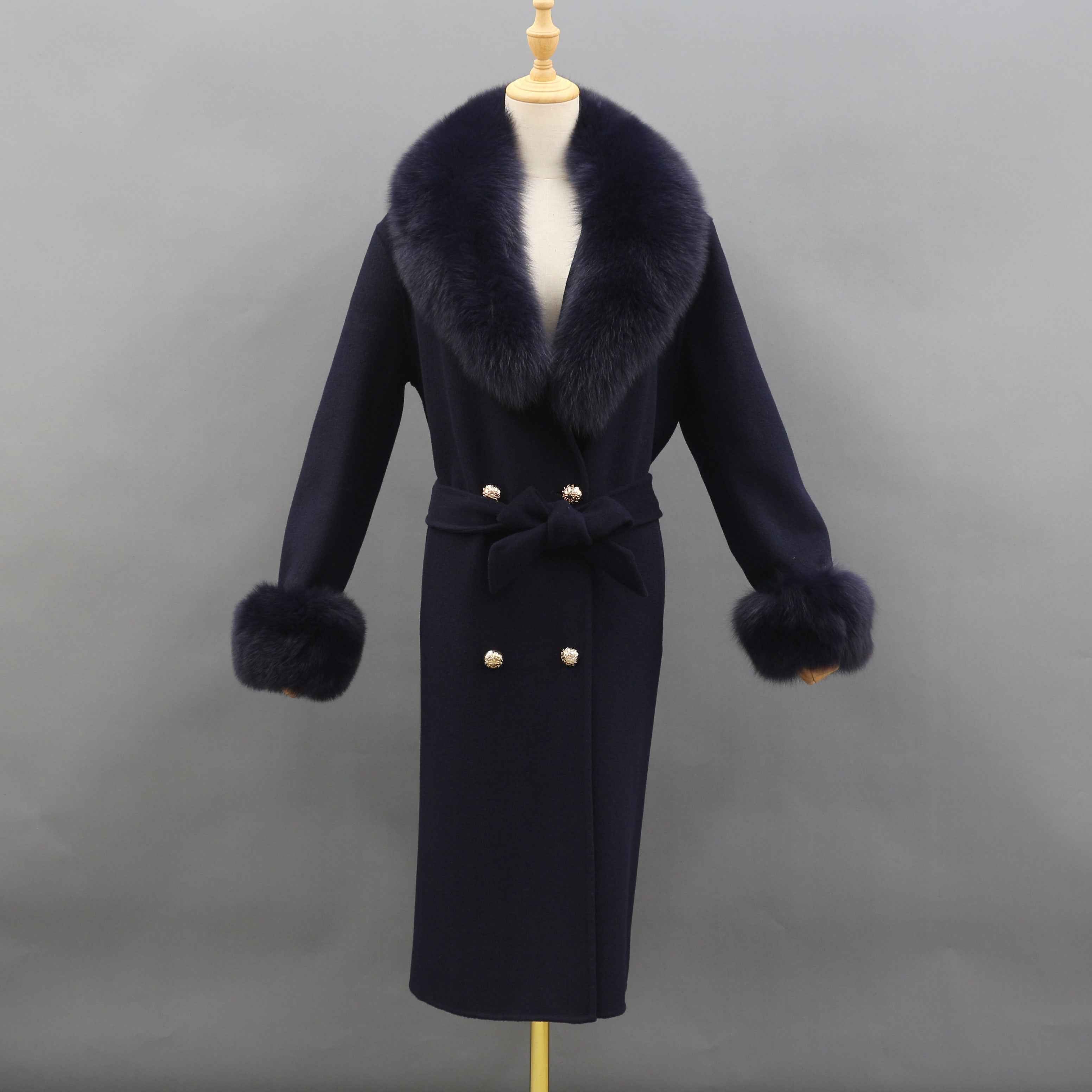 Women's Large Fox Fur Lapel Warm Cashmere Jacket - Janefur