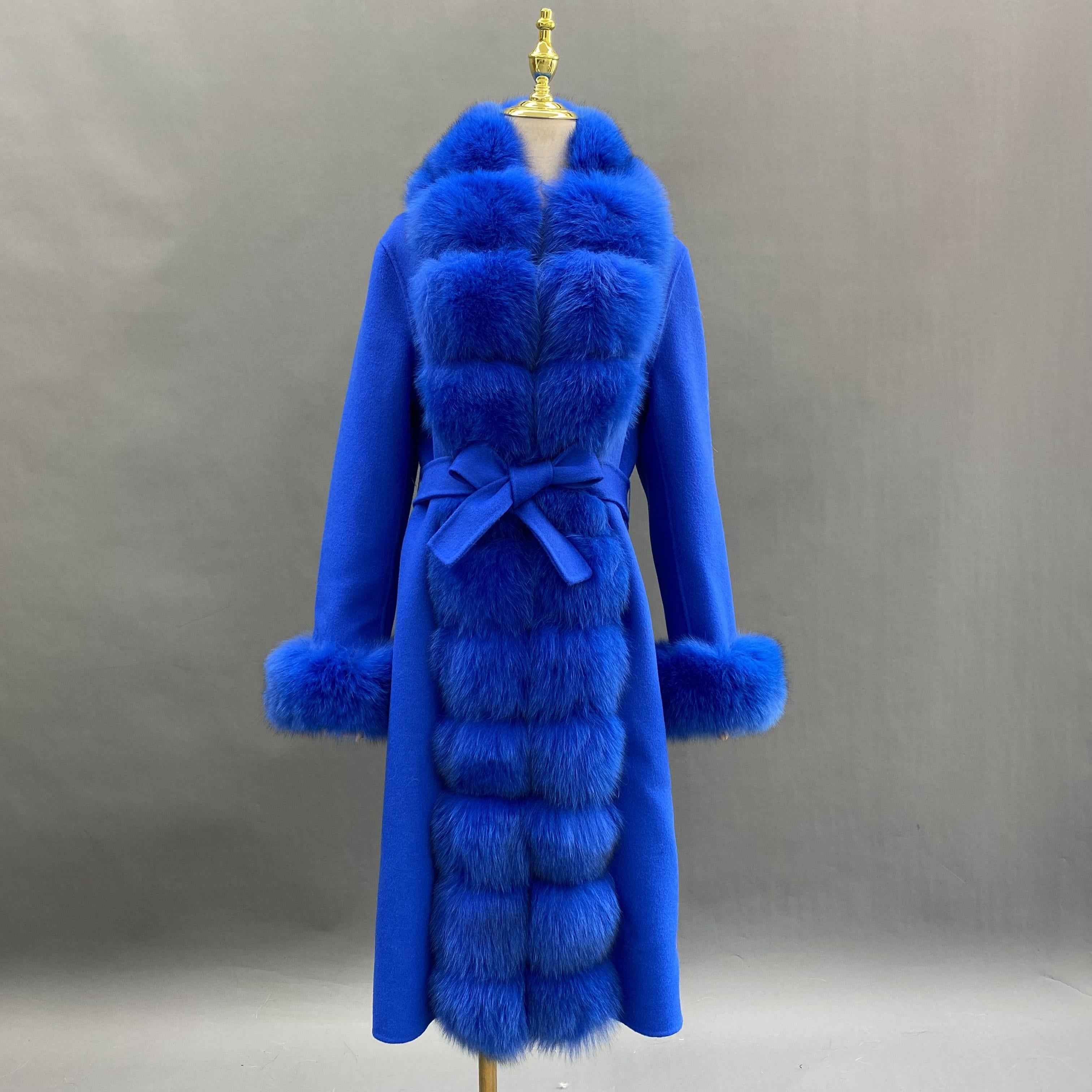 Segmented Fox Fur Front Wool Coat with Fur Cuffs - Janefur