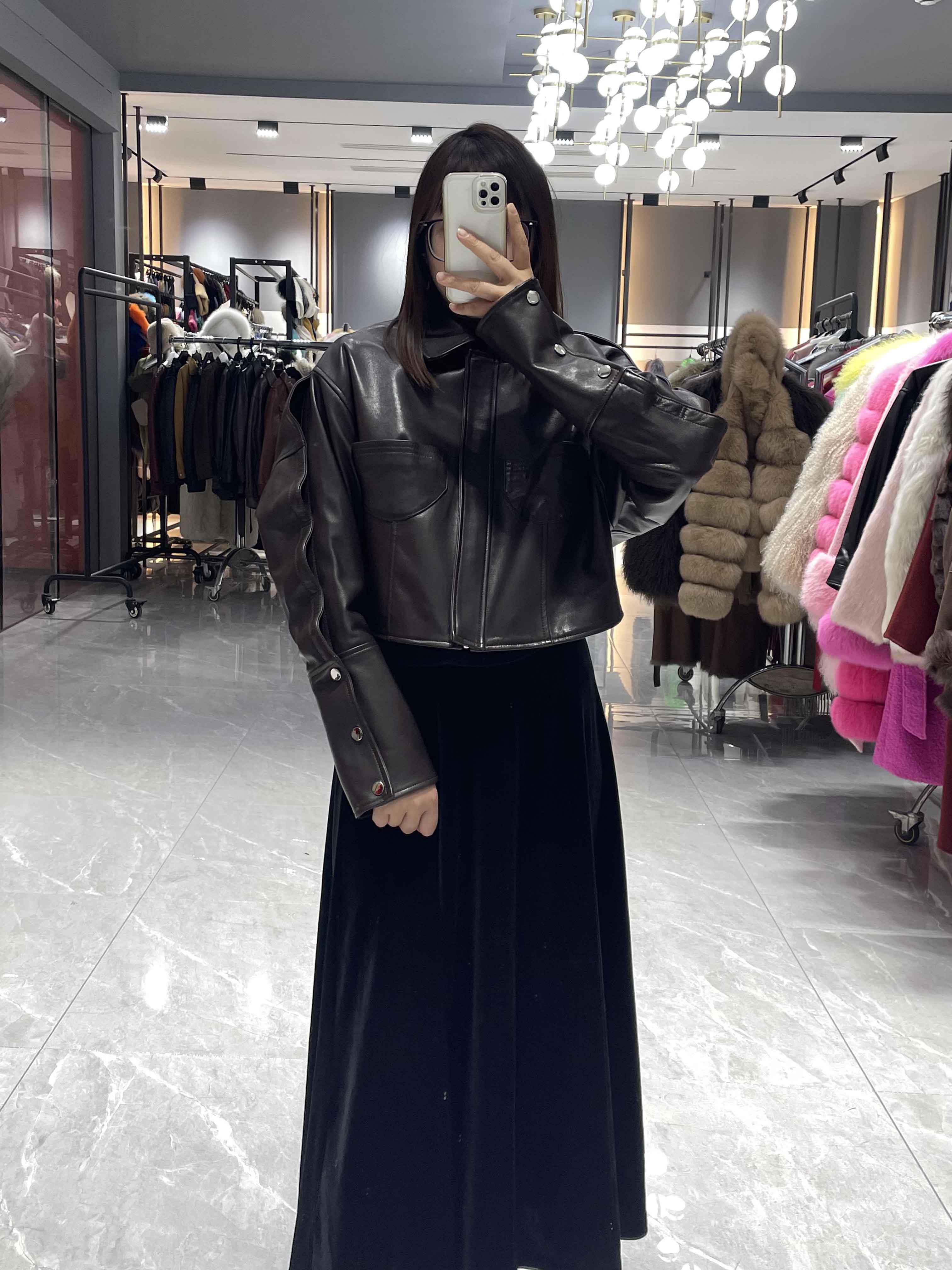 Leather Cropped Jacket with Button Details - Janefur