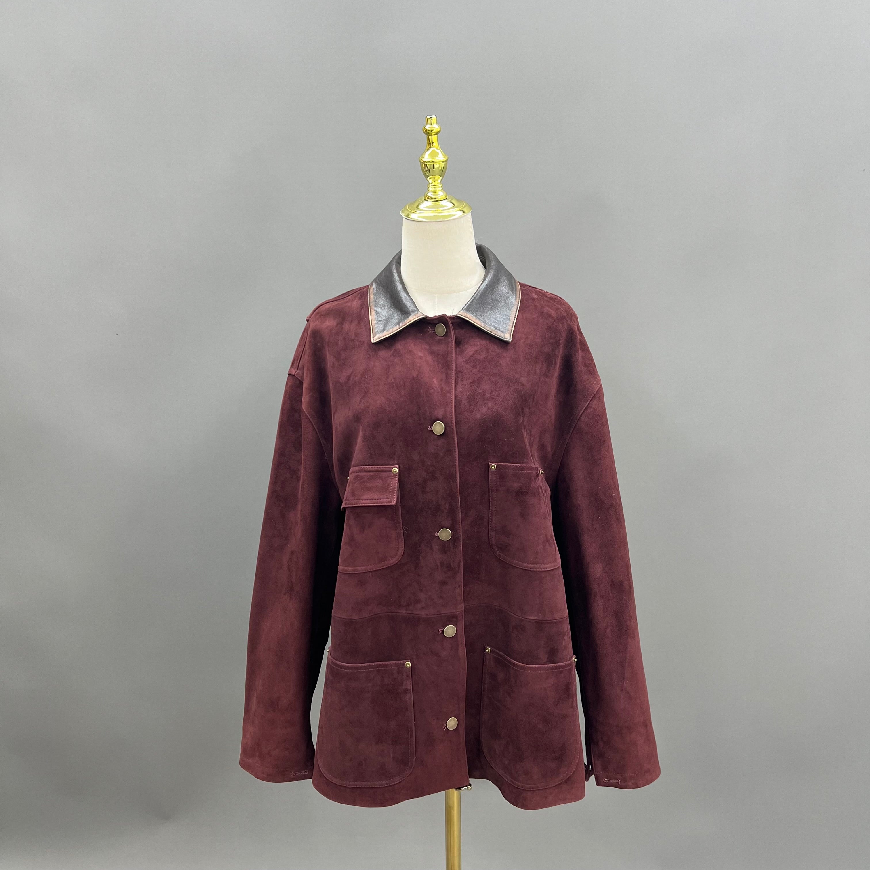 Retro collar Burgundy Suede Leather Jacket — Classic & Stylish Outerwear - Janefur