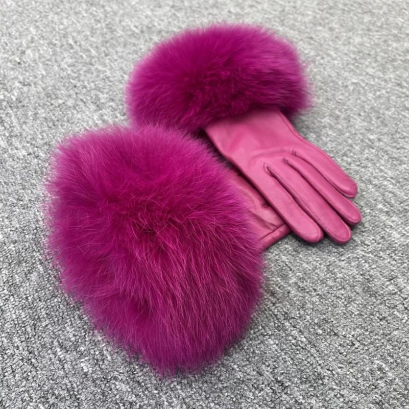 Fox Fur Leather Gloves Rose - Janefur
