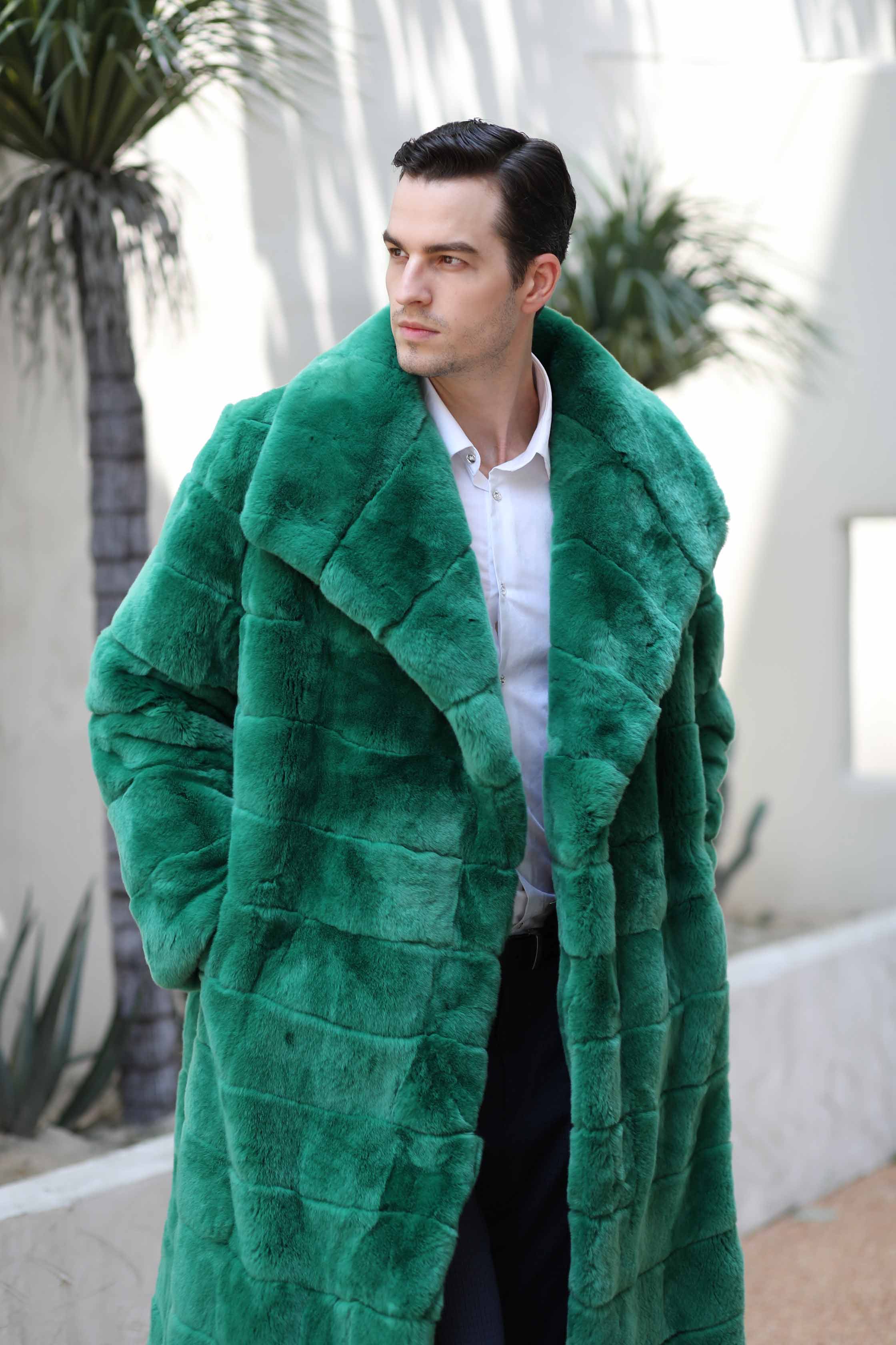 Winter Men's Lapel Soft Rabbit Fur Long Fashion Coat - Janefur