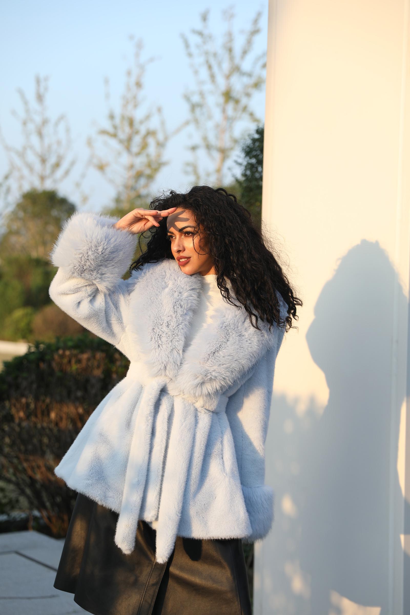 Eco-friendly Mink Fur Faux Mink Fur Shawl Collar Skirt Hem Women's Winter Coat - Janefur