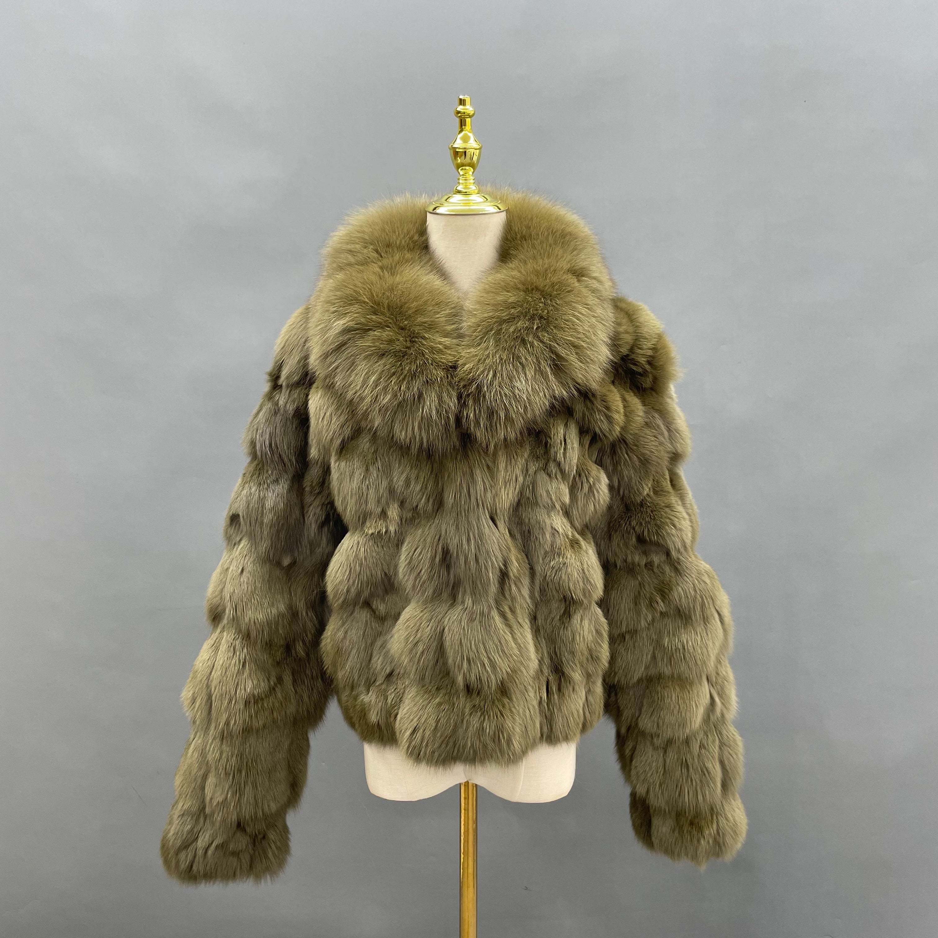 Plus Size Women's Short Stylish Lapel Real Fox Fur Luxury Jacket - Janefur