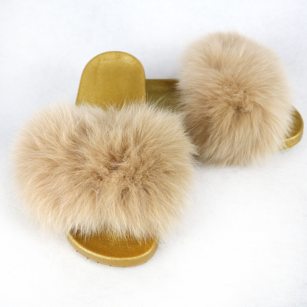 Janefur Wholesale Women's Fashion Slippers With Real Fox Fur Trim (Black, Gold, Silver Soles)