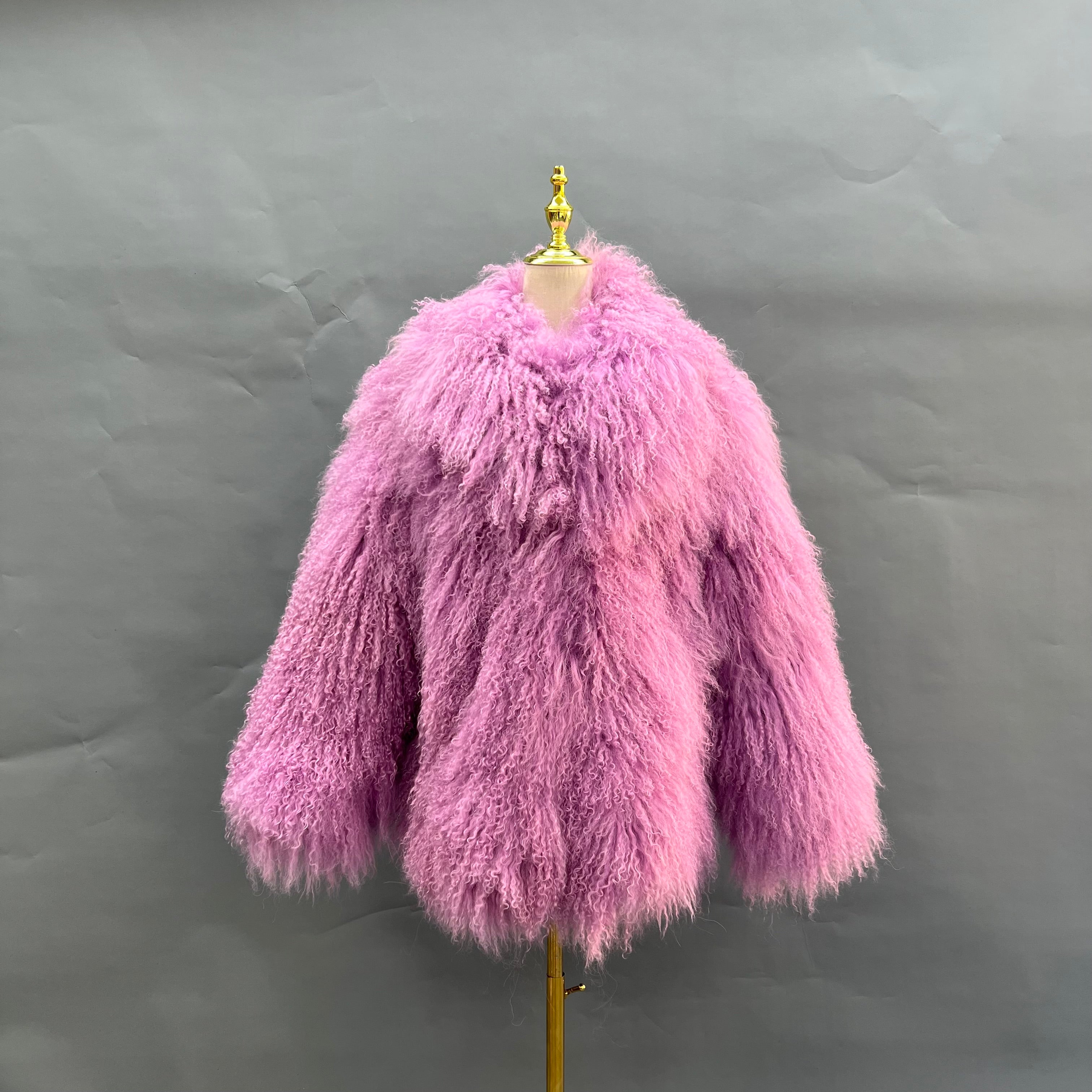 Janefur Lamb fur Collar Shearling Mid-length Coat 13#Purple