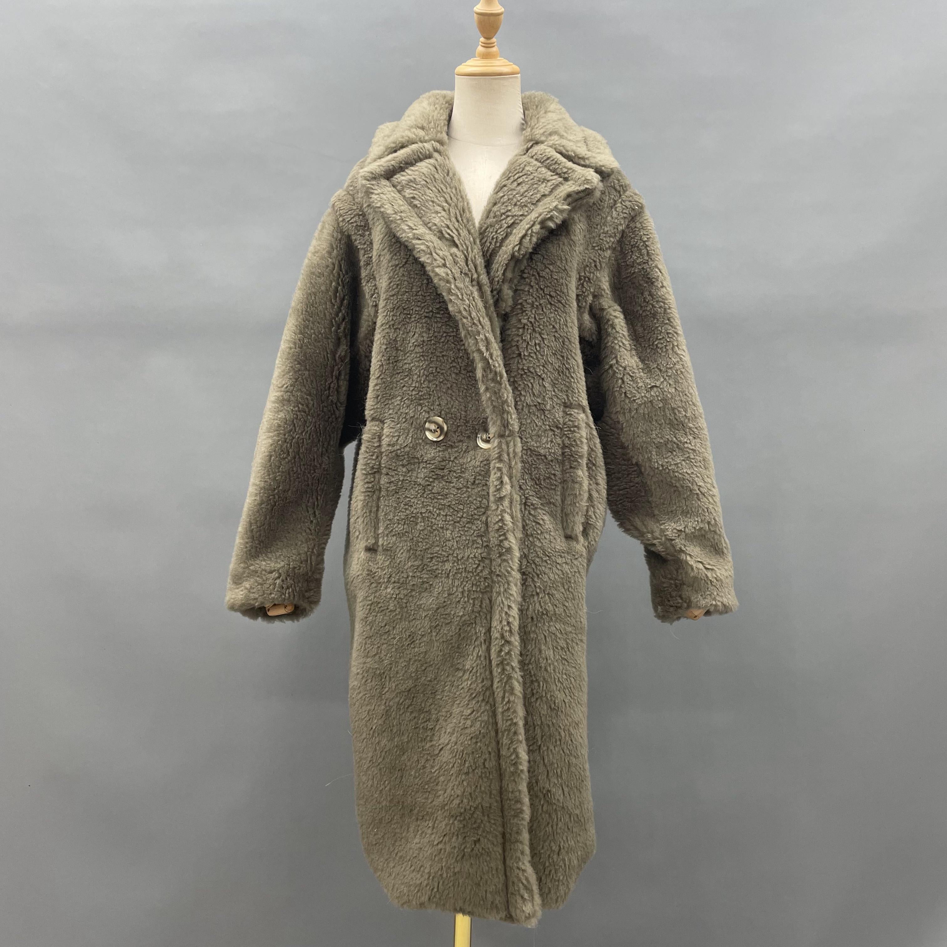 Women's Teddy Fleece Long Coat with Double-Breasted Notched Lapel - Luxe Winter Outerwear