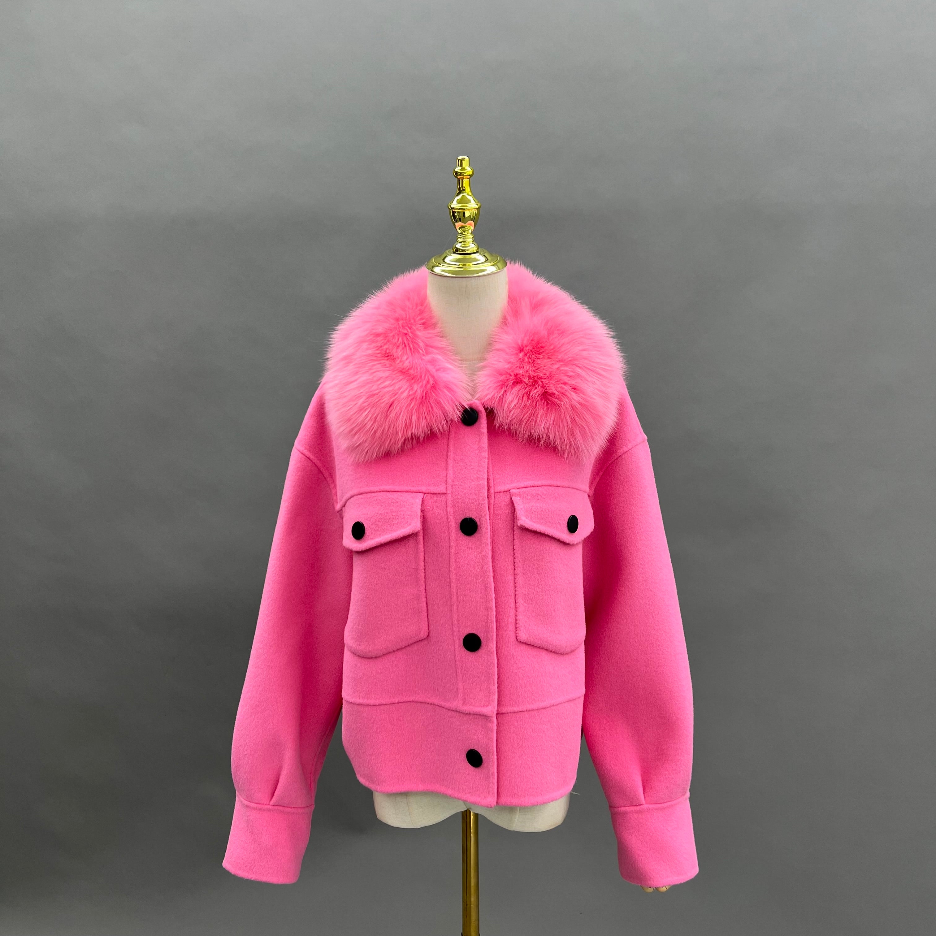 Women's Short Fox Fur Lapel Buckle Fly Casual Cashmere Jacket 13#Hot Pink