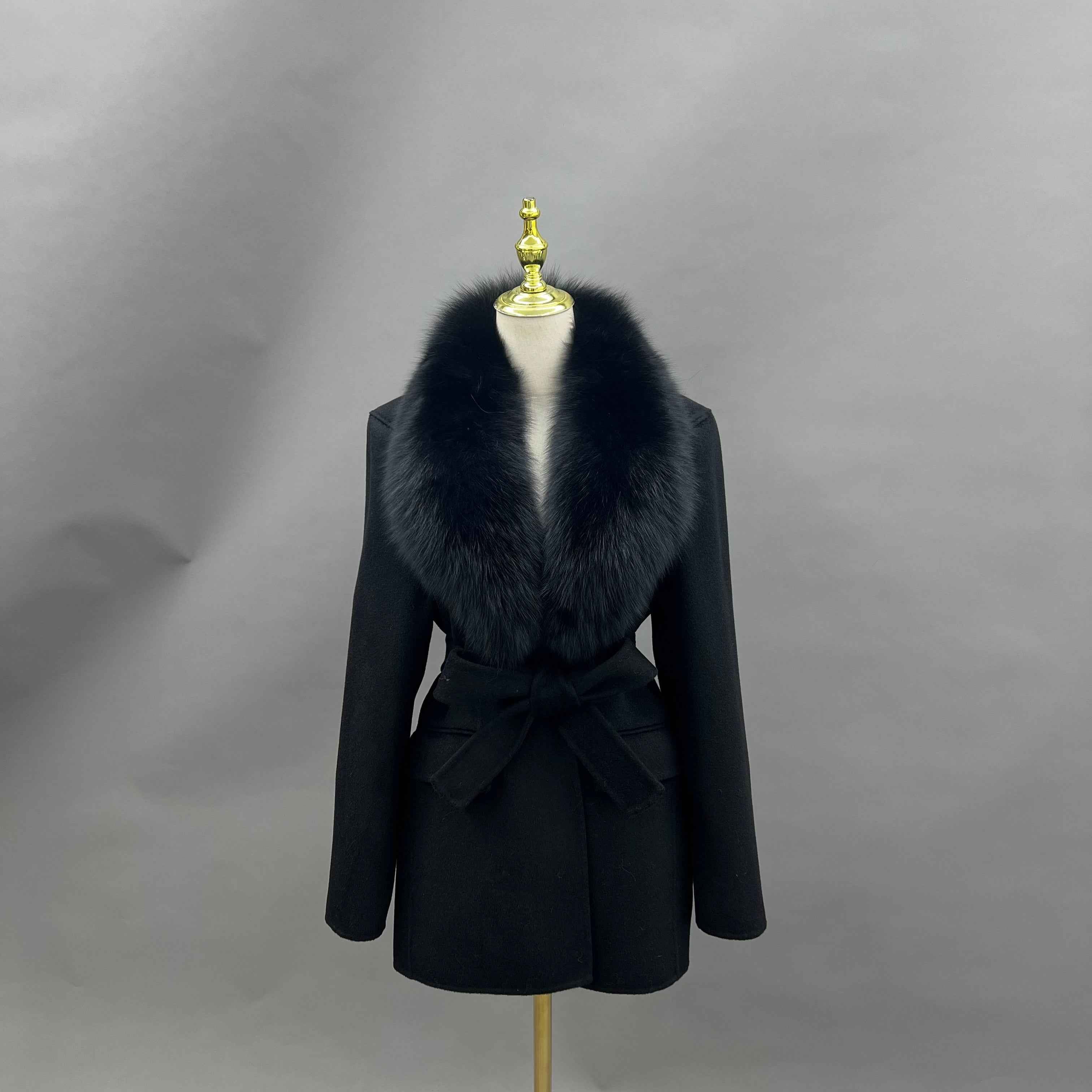 Cashmere Double Faced Coat with Fox Fur Collar, Tie Belt and Shoulder Pads
