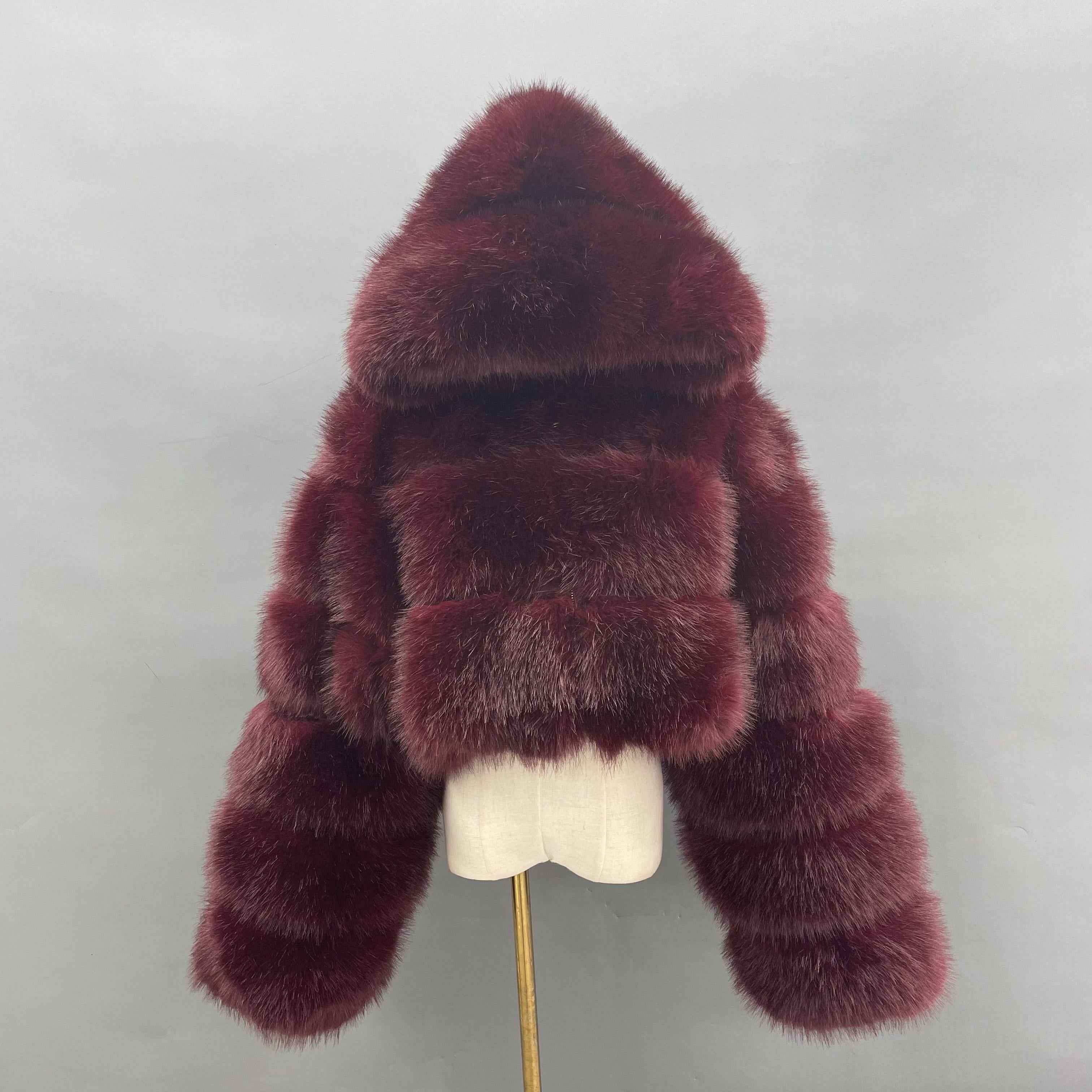 Three - Panel Faux Fur Cropped Hooded Coat