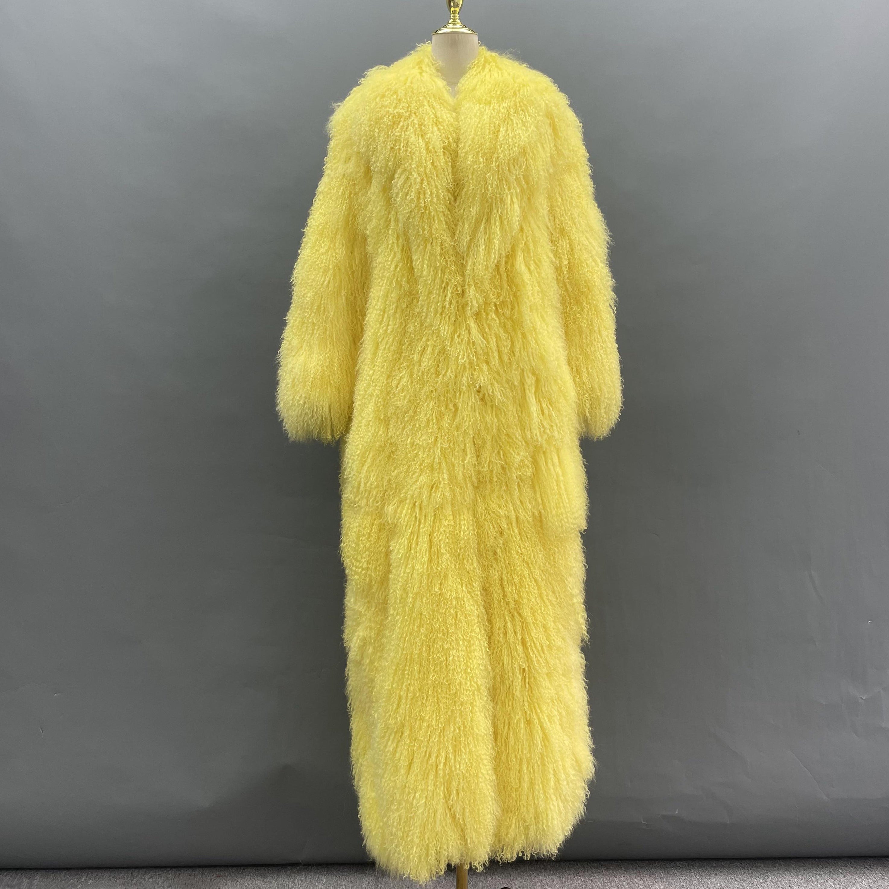 Men's Long Emerald Green Mongolian Lamb Fur Coat – Notch Lapel, Full-Length Winter Outerwear, Luxury Curly Hair Jacket for Men 12#Yellow