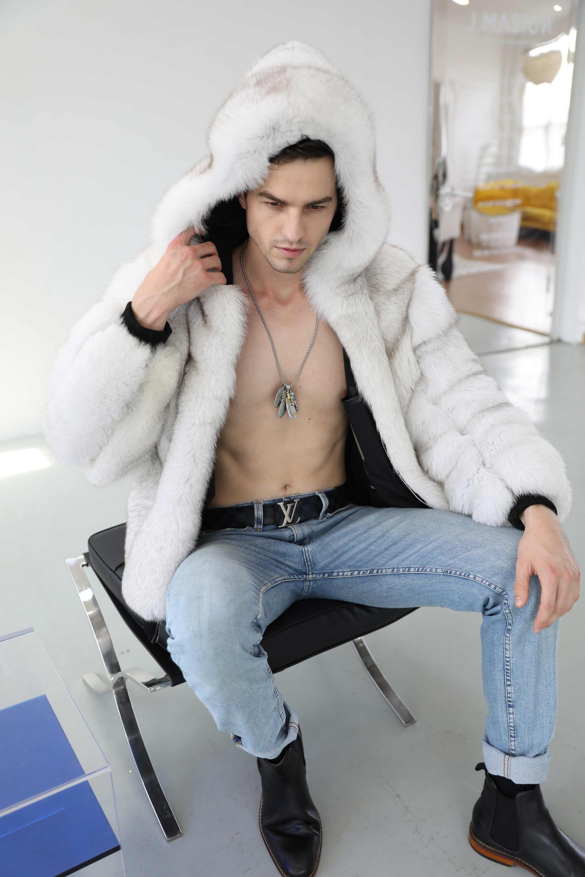 Men's Fashion Design Fox Leather Jacket Hood Casual Style Coat - Janefur