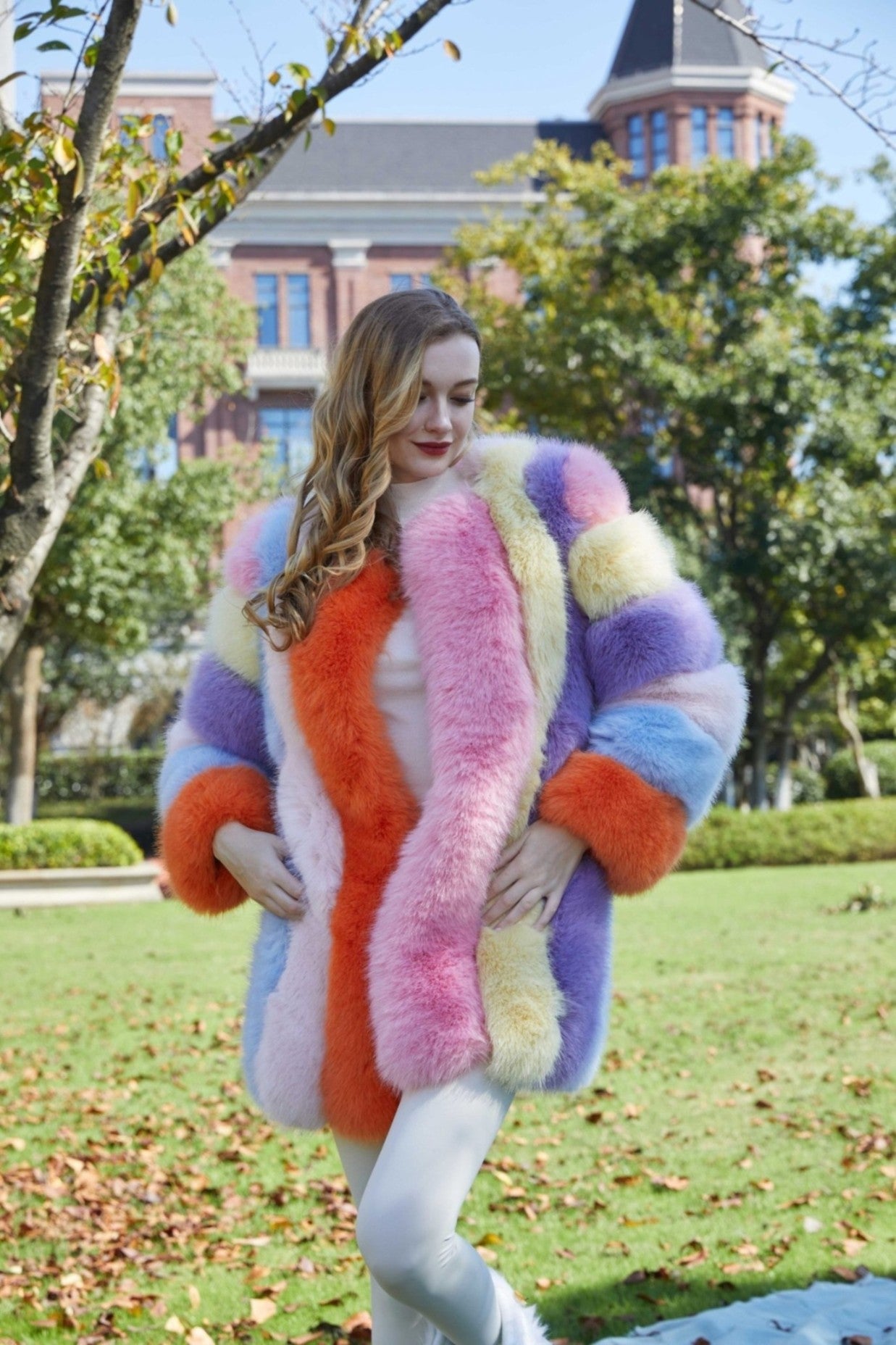 New Women's Vertical Stripe Long Faux Fox Fur Coat Eco Fur Coat - Janefur