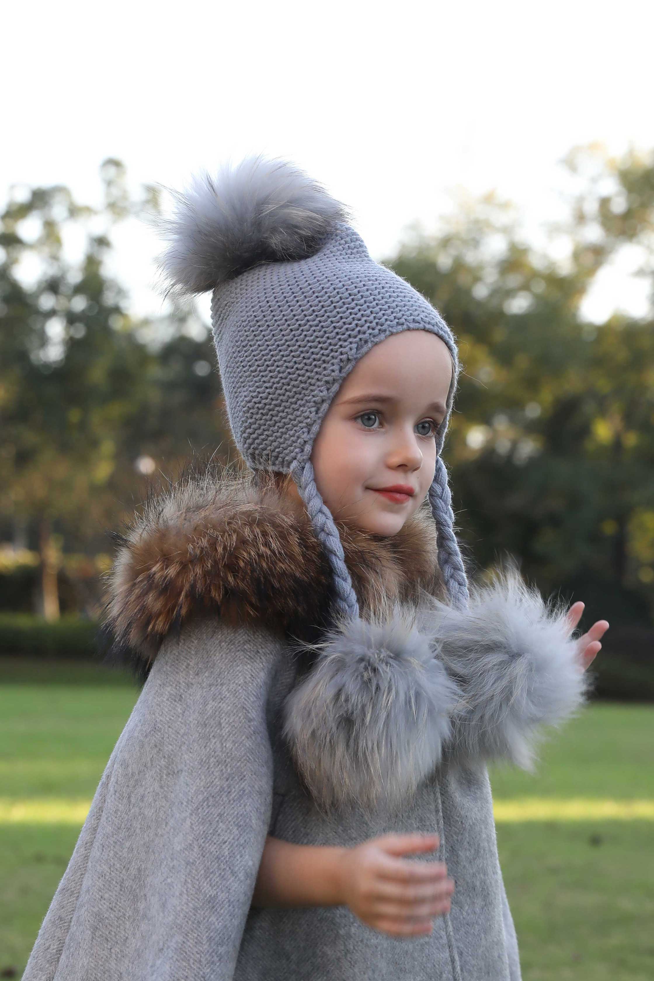 Children's Fashion Knitted Big Braid Raccoon Fur Pom Pom Hat - Janefur
