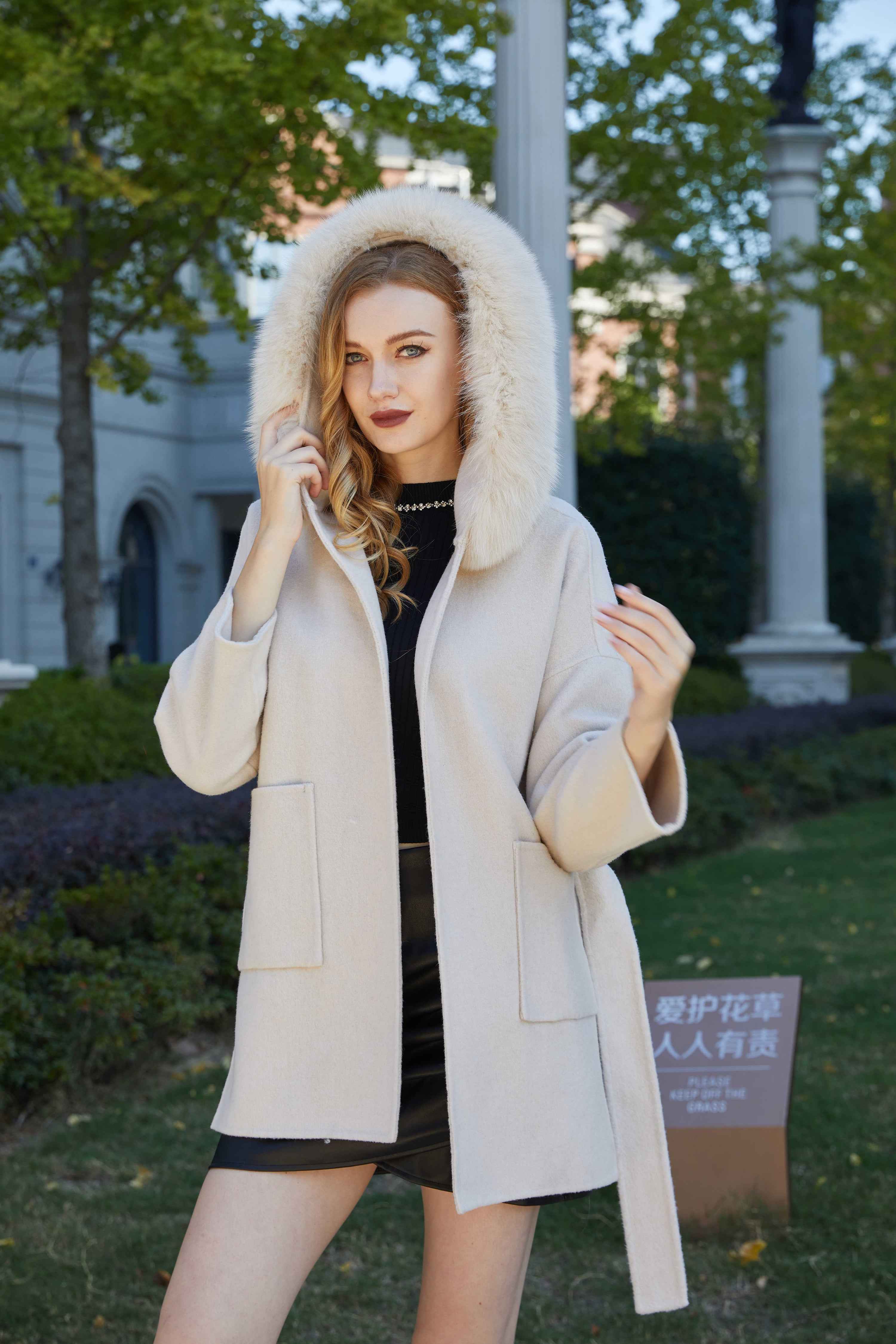 Double - Faced Wool Coat with Fox Fur Hood and Tie Waist