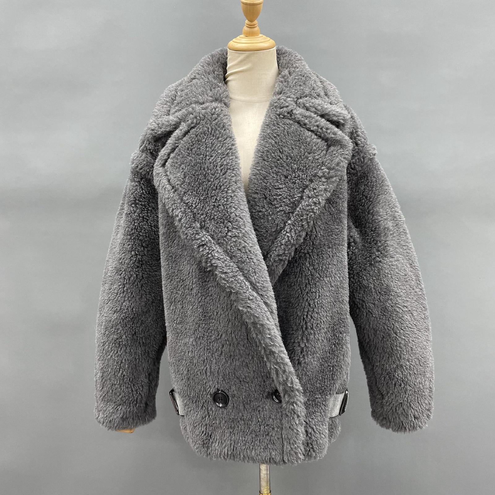 Womens' Teddy Shearling Coat with Leather Button Hem and Double-breasted Lamb Wool Jacket Spring Fur Coat - Janefur