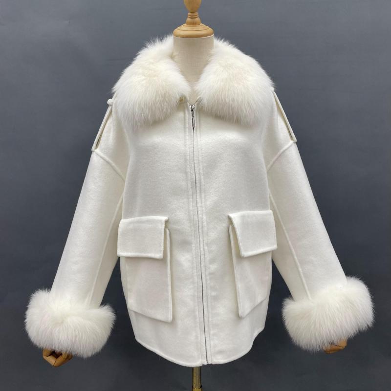 Big Pocket Lapel Fox Fur Cashmere Zipped Jacket - Janefur