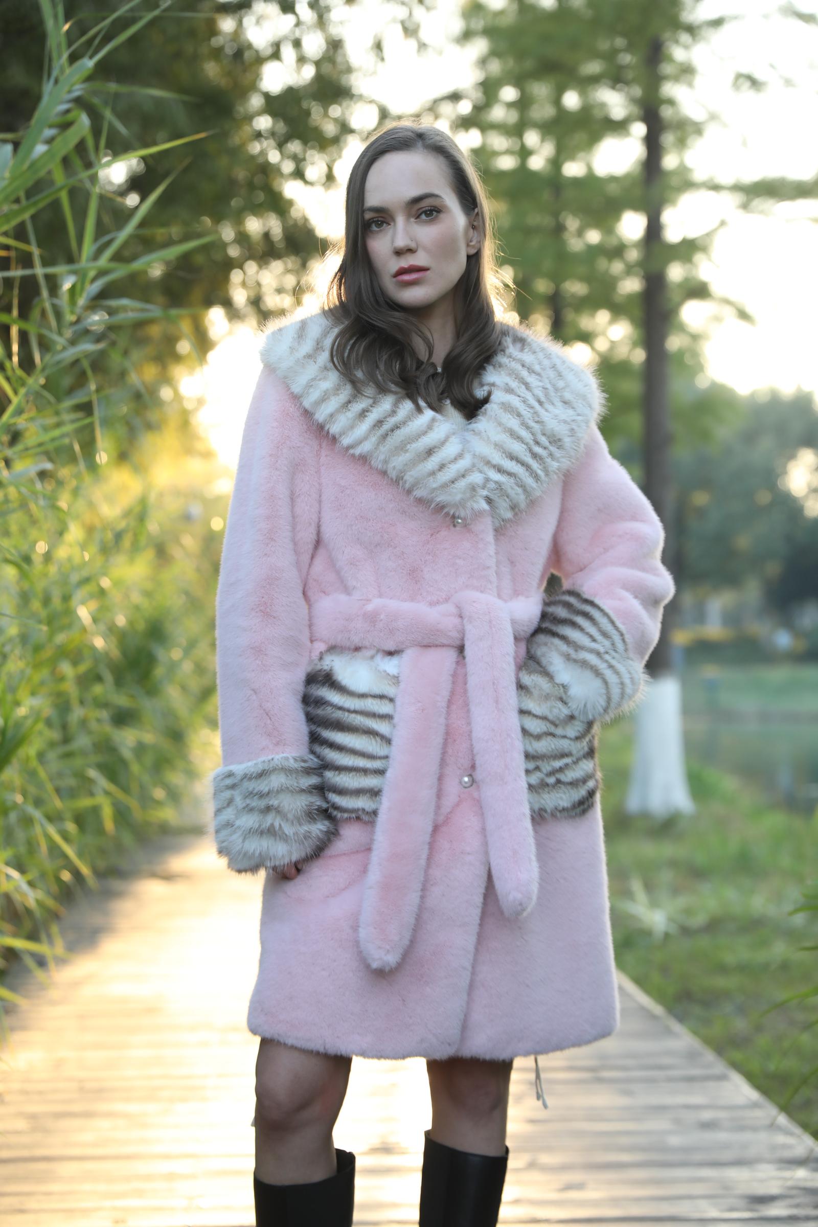 Women's Winter Large Lapel Striped Faux Mink Coat Eco-Fur Pink Coat - Janefur