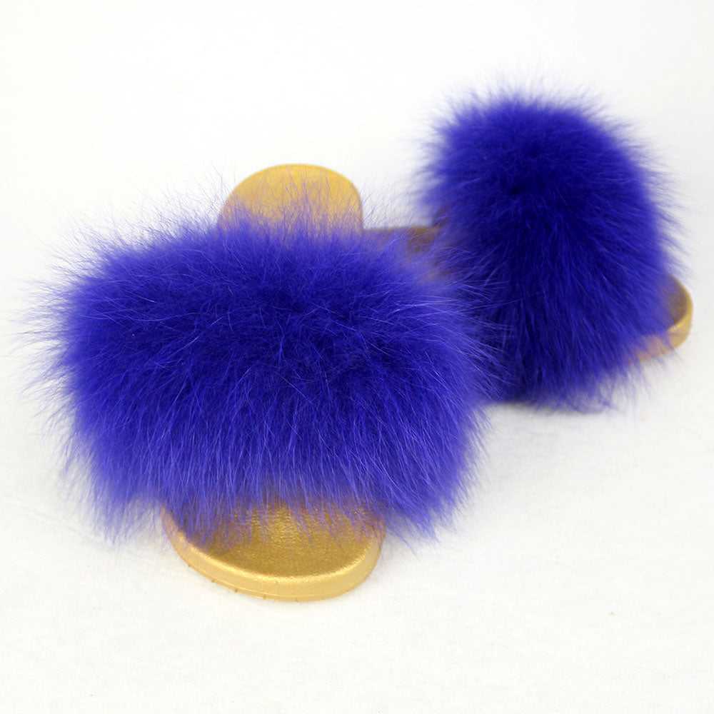 Janefur Wholesale Women's Fashion Slippers With Real Fox Fur Trim (Black, Gold, Silver Soles)