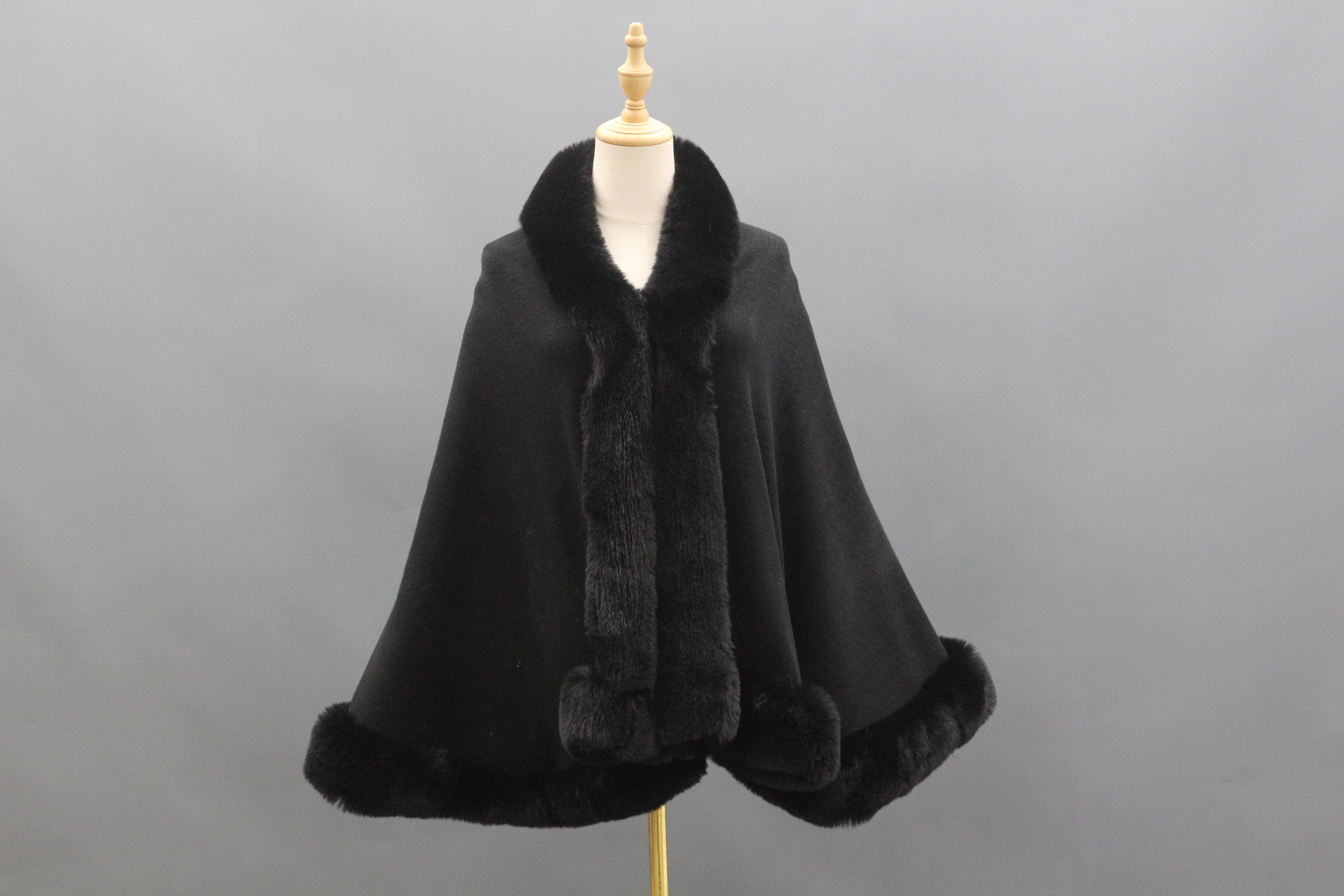 Women's Faux Fur Trimmed Cape with Front Placket & Hem Detailing - Luxurious Winter Accessory