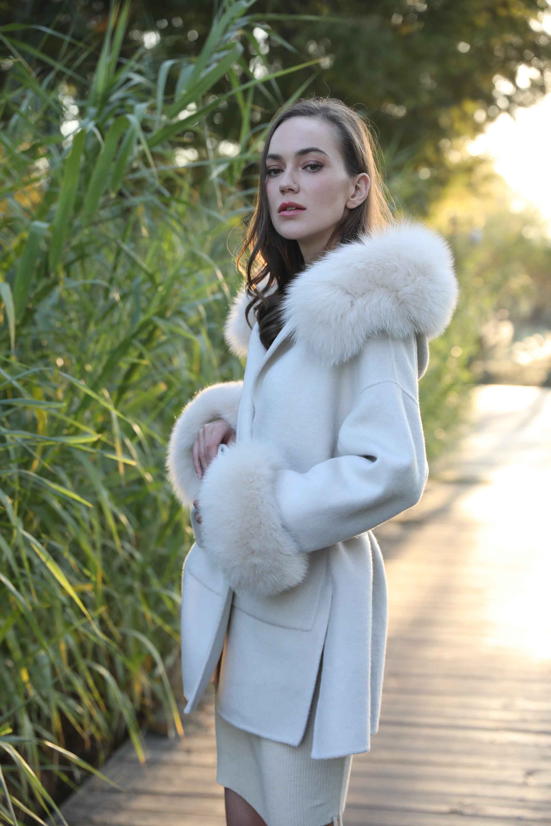 Double - Faced Wool Hooded Coat with Faux Fur Trim on Hood and Cuffs & Tie Waist