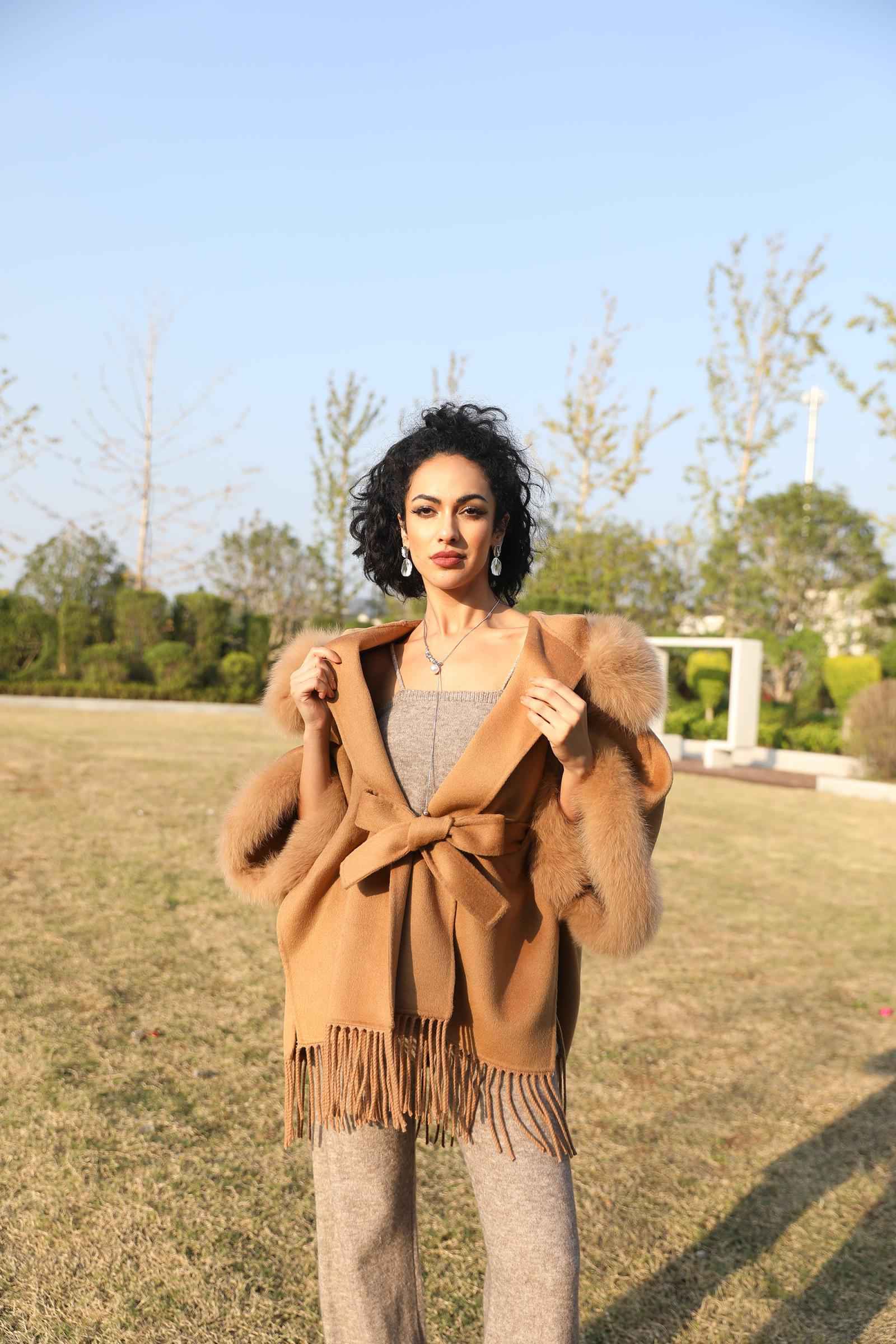 Double-Faced Cashmere Cape Coat for Women with Hood and Fringe Double-Faced Wool Outer Jacket - Janefur