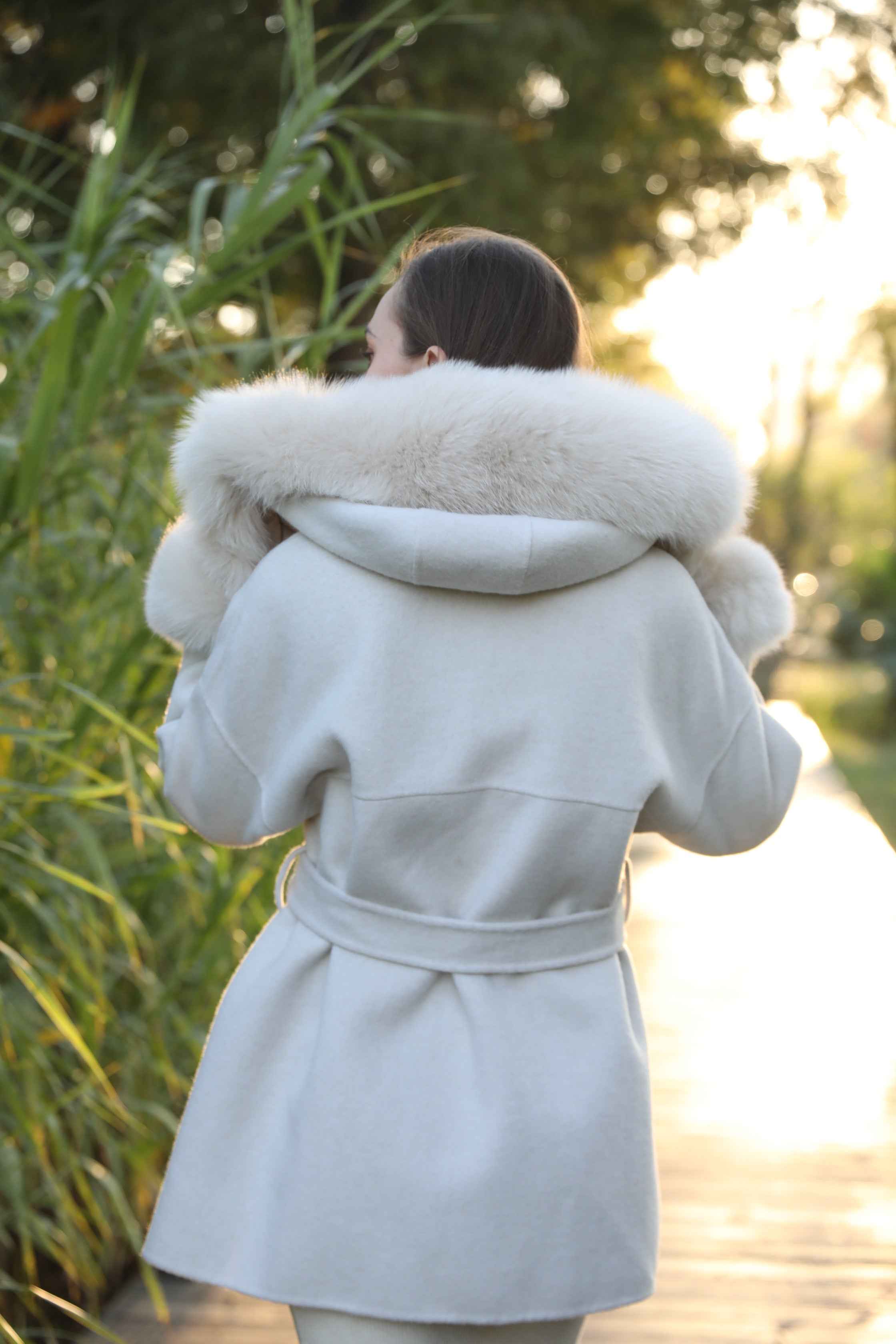 Double - Faced Wool Hooded Coat with Faux Fur Trim on Hood and Cuffs & Tie Waist