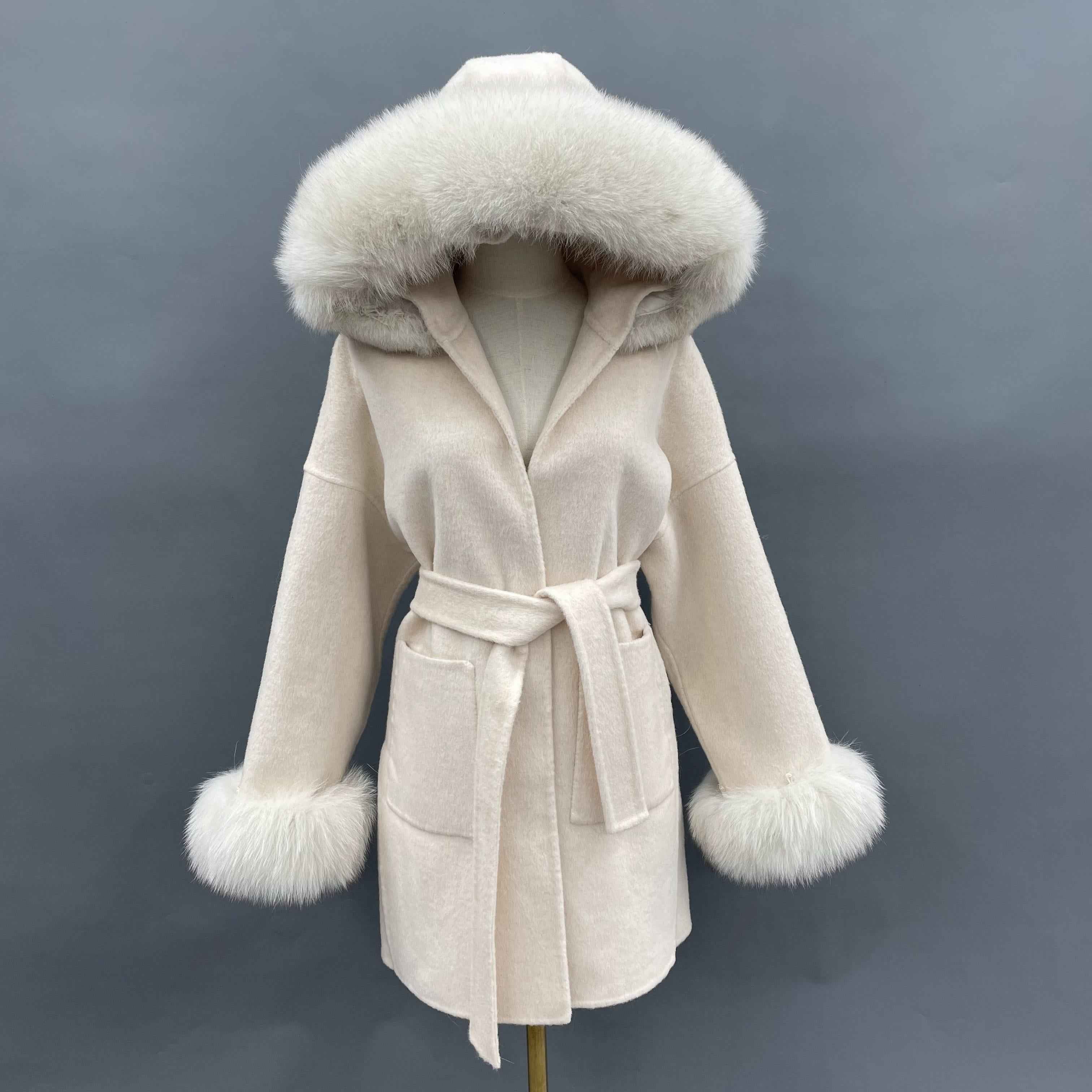 Women's Winter Warm Hooded Reversible Cashmere Short Coat Cuffs with Fur - Janefur