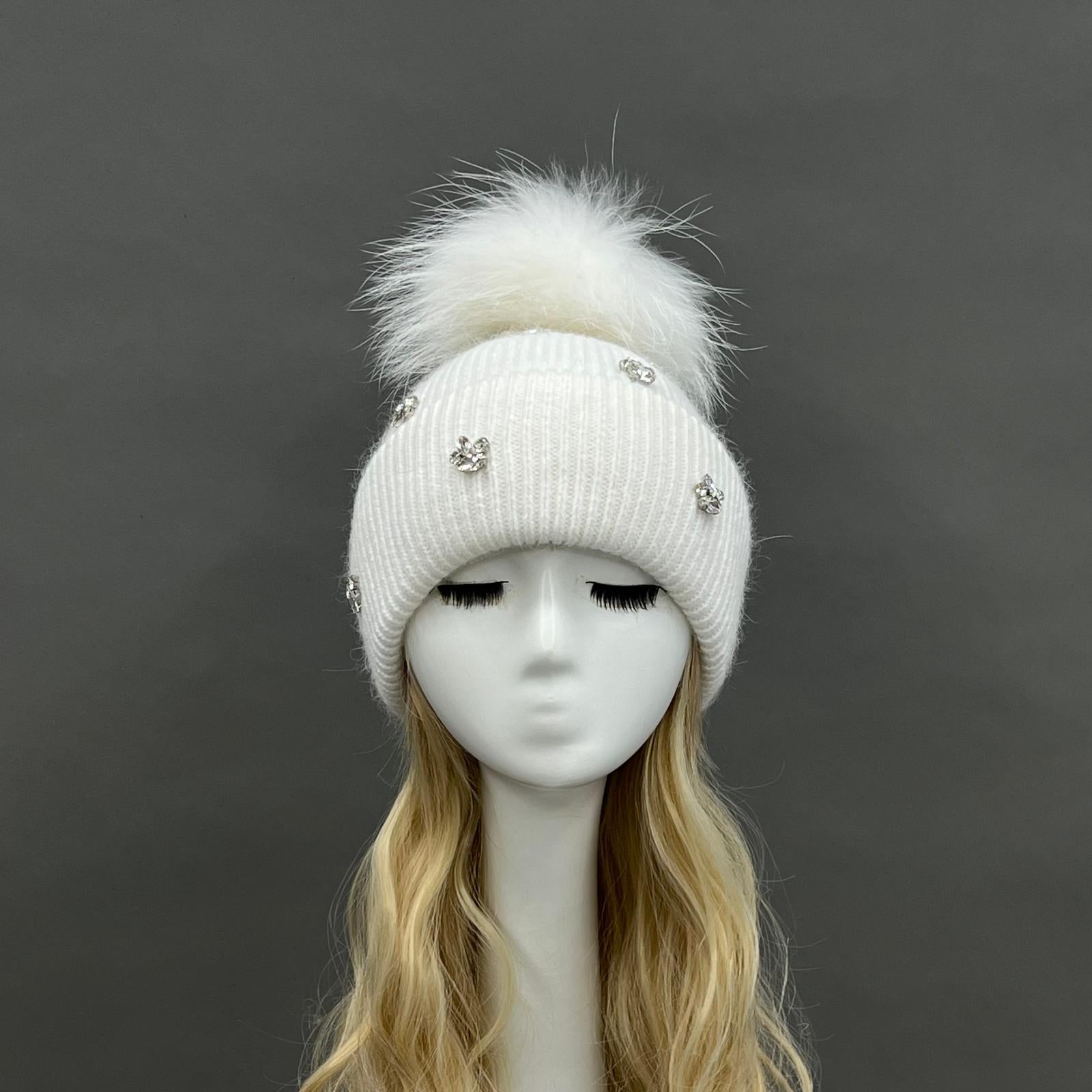 Ladies' Rabbit Fur Hat with Small Rhinestone Pompoms for Casual Wear - Janefur