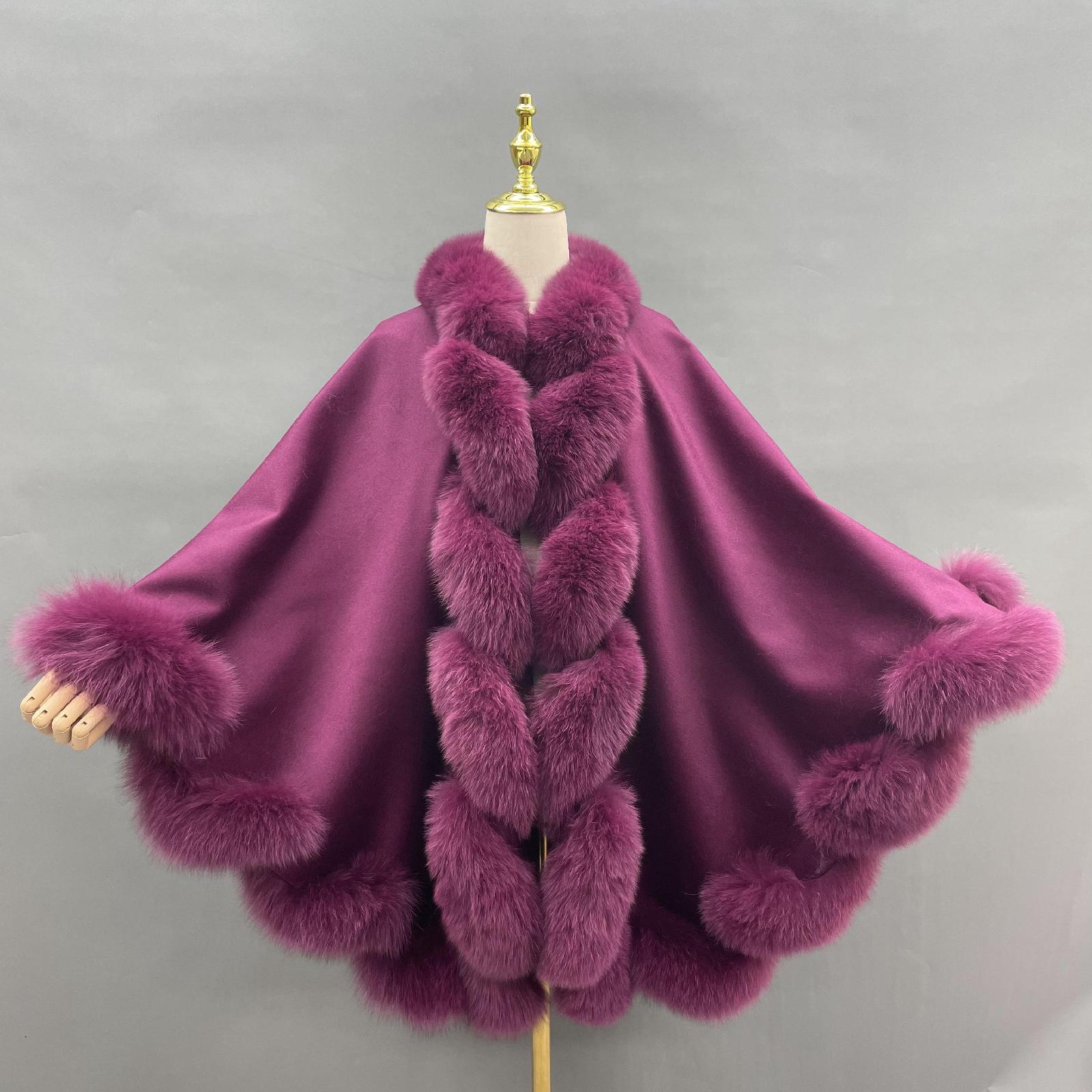 Full Wool Cashmere Cape with Real Fox Fur Fashionable Luxurious Soft Shawl for Women's Coat - Janefur