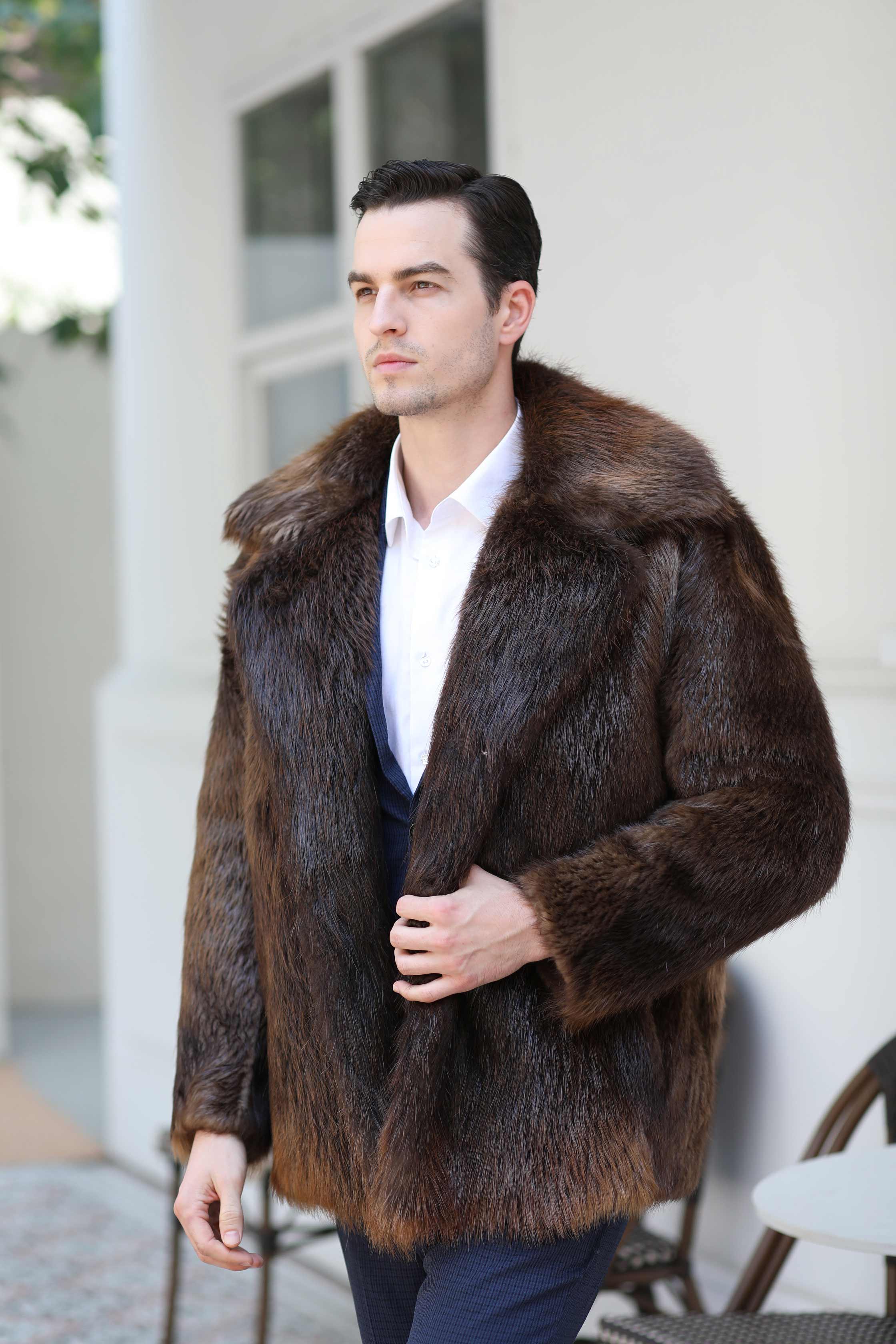 Warm Winter New Men's Long Sleeve Suit Collar Beaver Fur Coat - Janefur