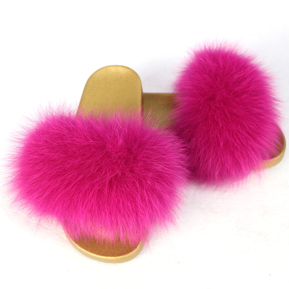 Janefur Wholesale Women's Fashion Slippers With Real Fox Fur Trim (Black, Gold, Silver Soles)