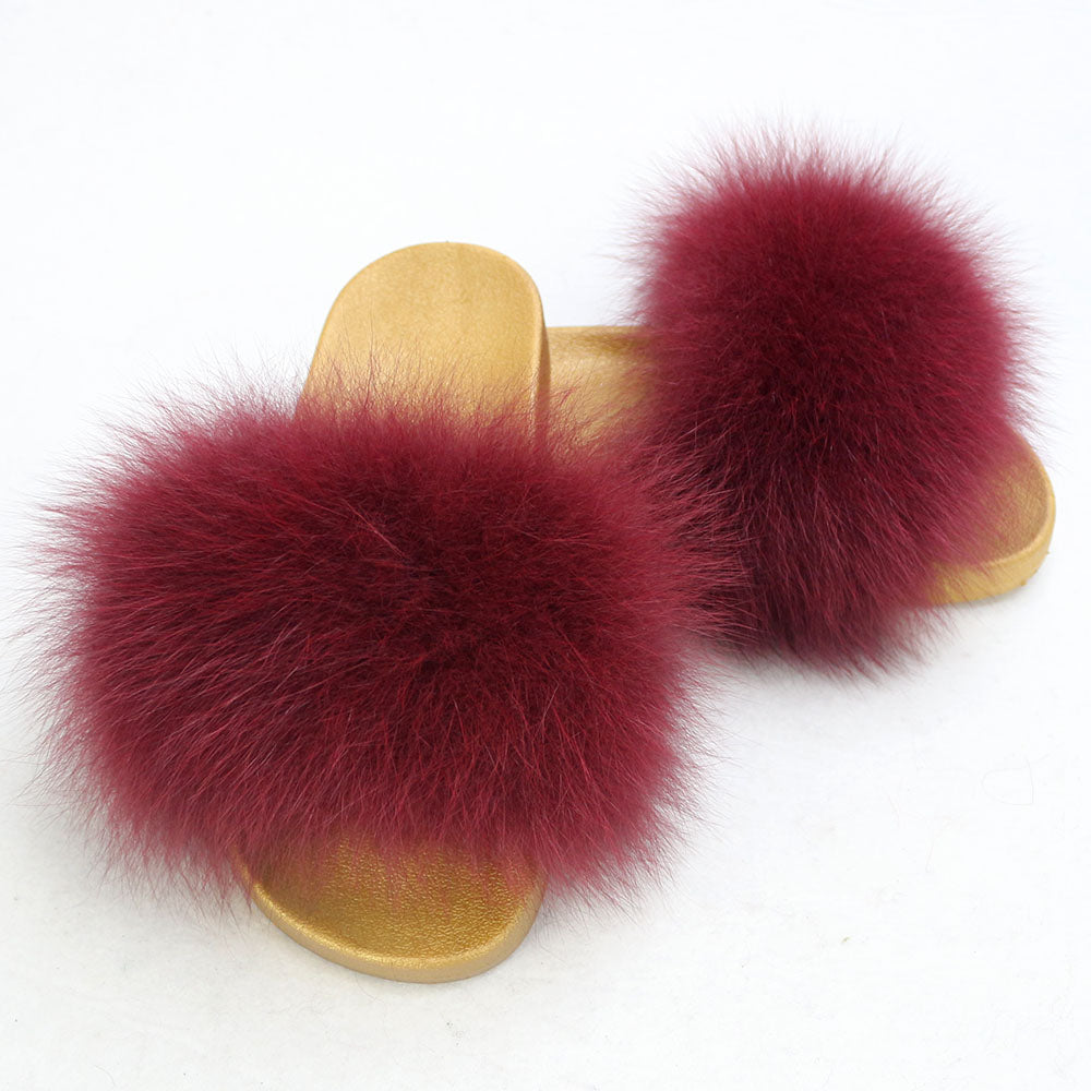 Janefur Wholesale Women's Fashion Slippers With Real Fox Fur Trim (Black, Gold, Silver Soles)
