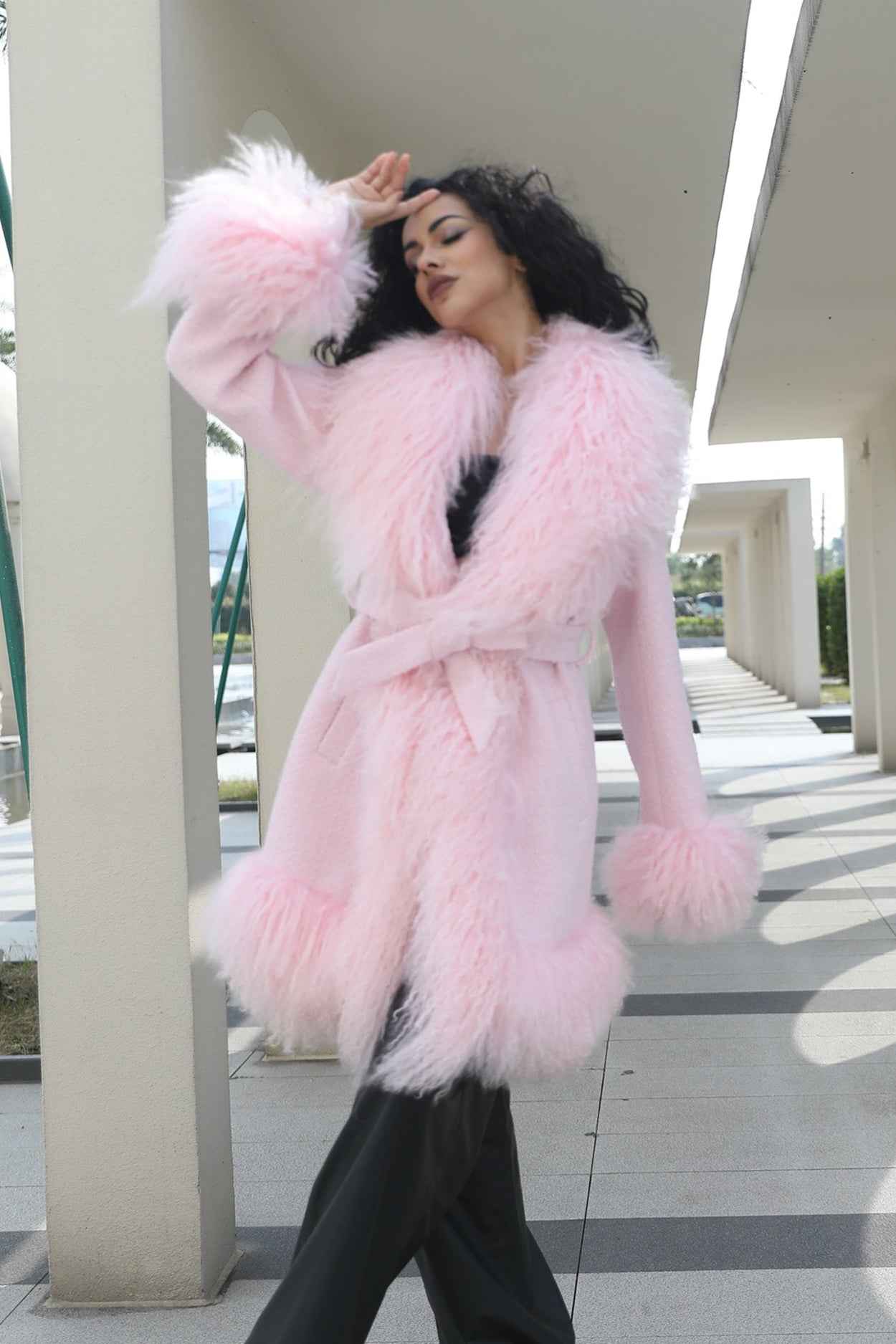 Cashmere Mid-Length Coat with Tibetan Lamb Fur Collar, Cuffs and Tie Waist