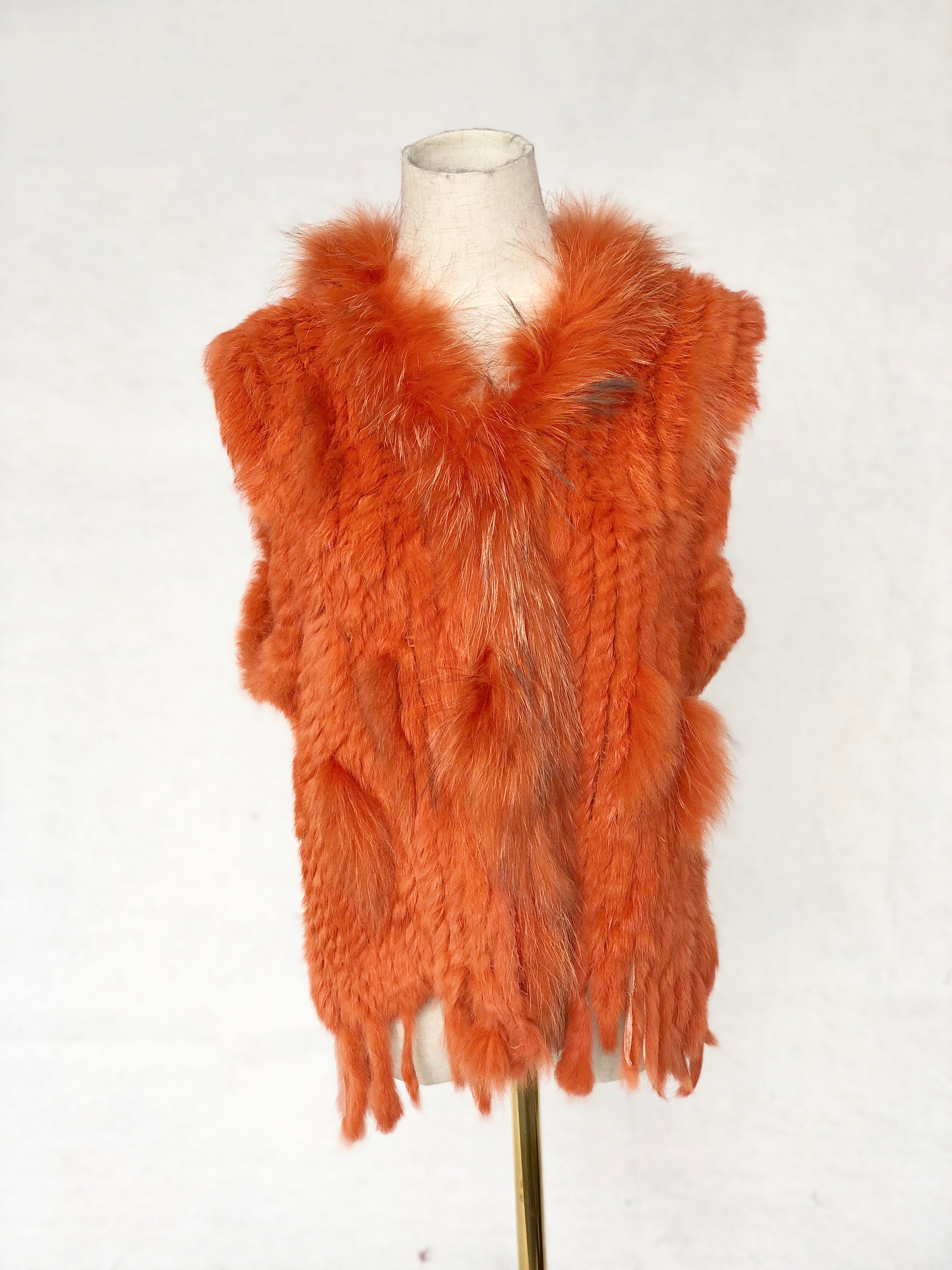 Women's Fuchsia Knitted Rabbit & Fox Fur Vest with Ragged Tramp Style & Fringe Details - Luxe Statement Outerwear