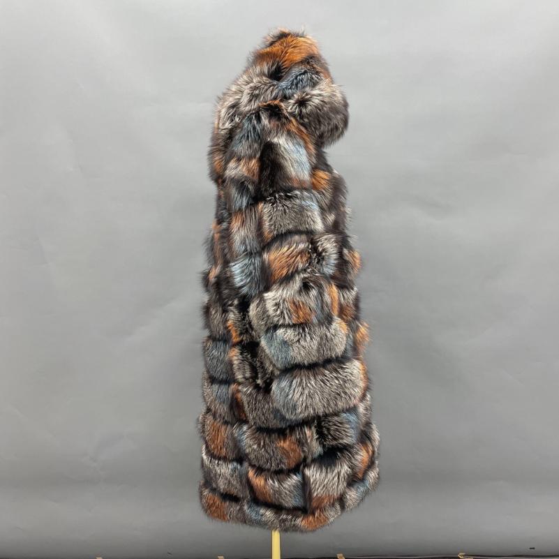 Long Blue Fox Hooded Fox Fur Coat - Janefur