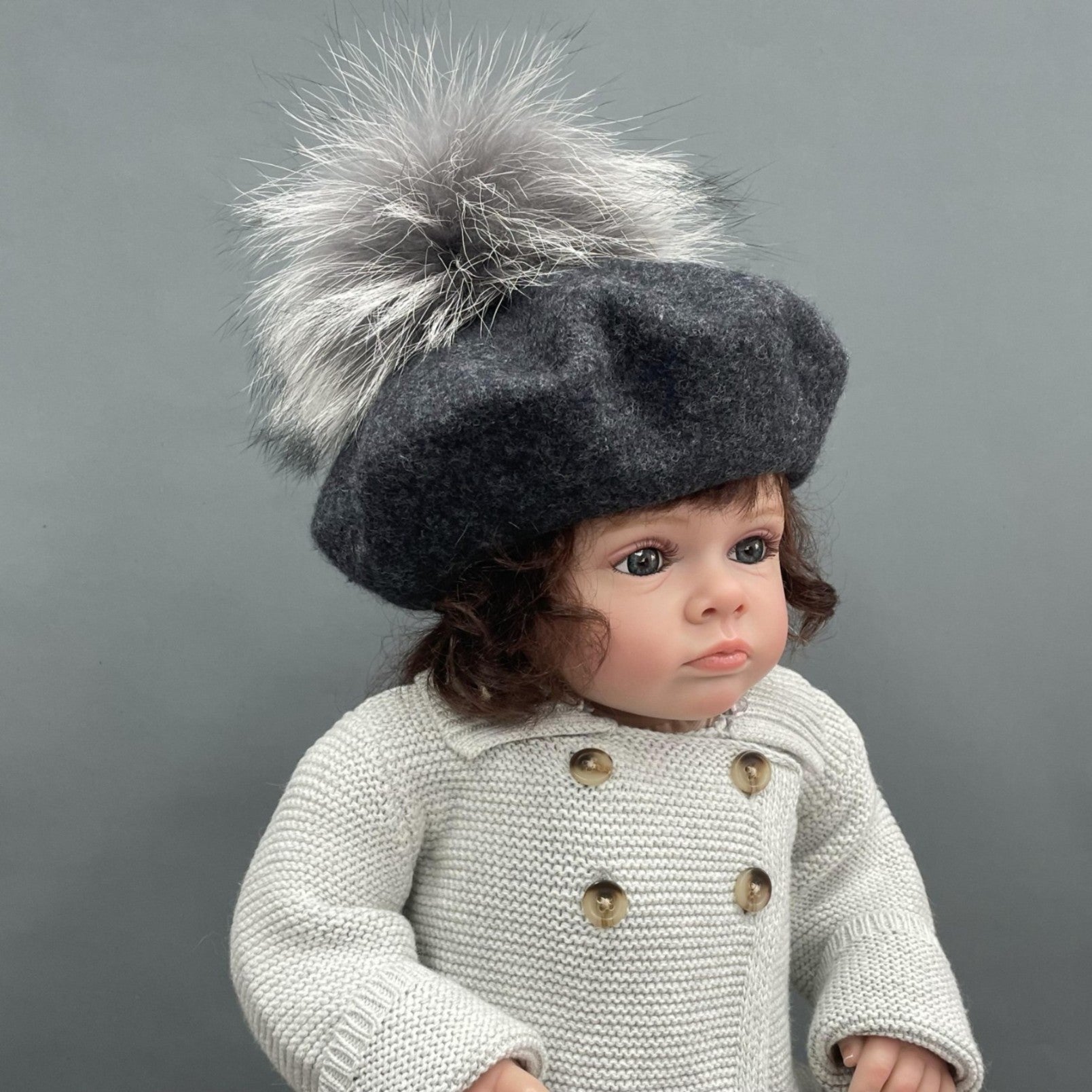 New Children's Autumn and Winter Wool Beret with Fur Pom Pom - Janefur