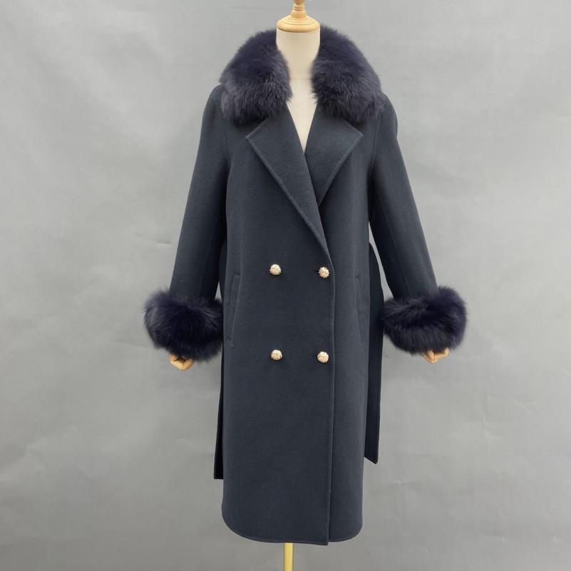Women's Long Cashmere Coat With Fox Fur Collar And Belt - Janefur