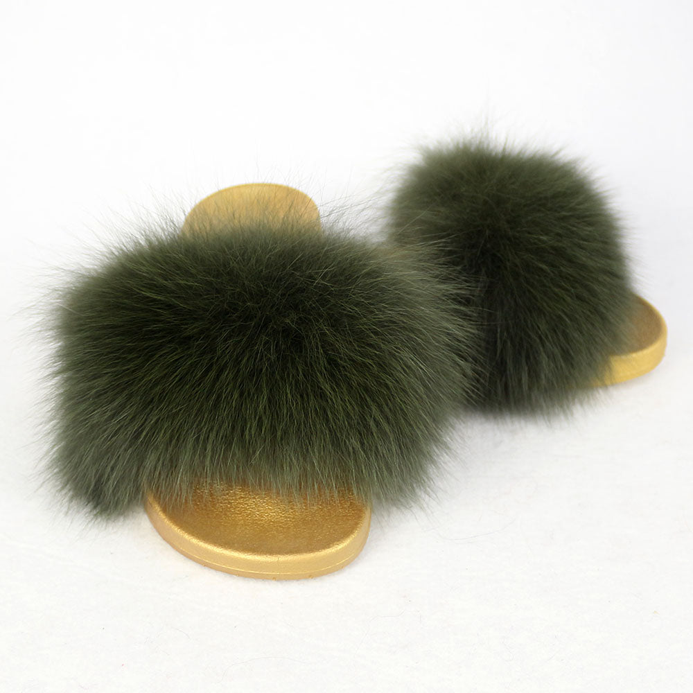 Janefur Wholesale Women's Fashion Slippers With Real Fox Fur Trim (Black, Gold, Silver Soles)