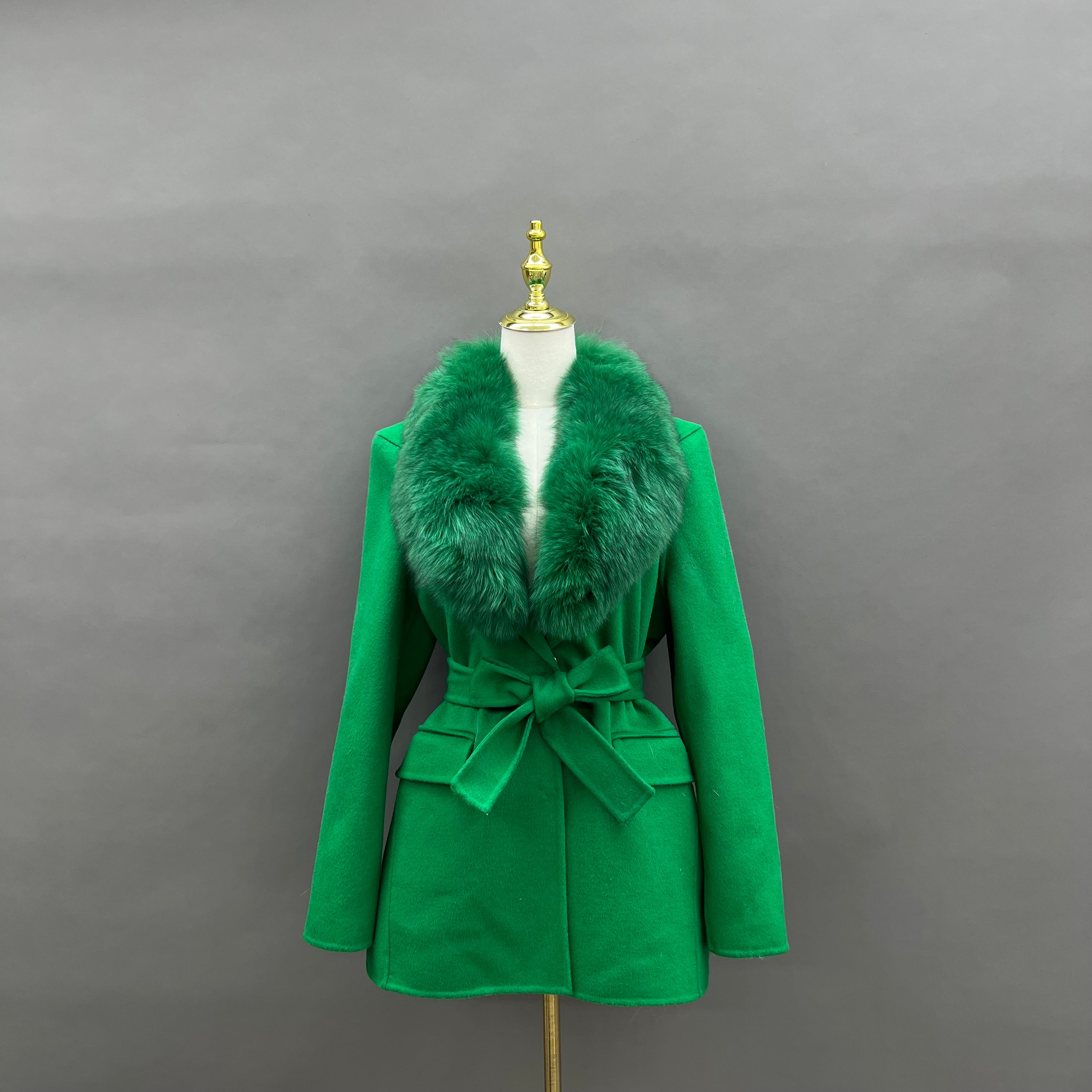 Cashmere Double Faced Coat with Fox Fur Collar, Tie Belt and Shoulder Pads 9#Deep Green