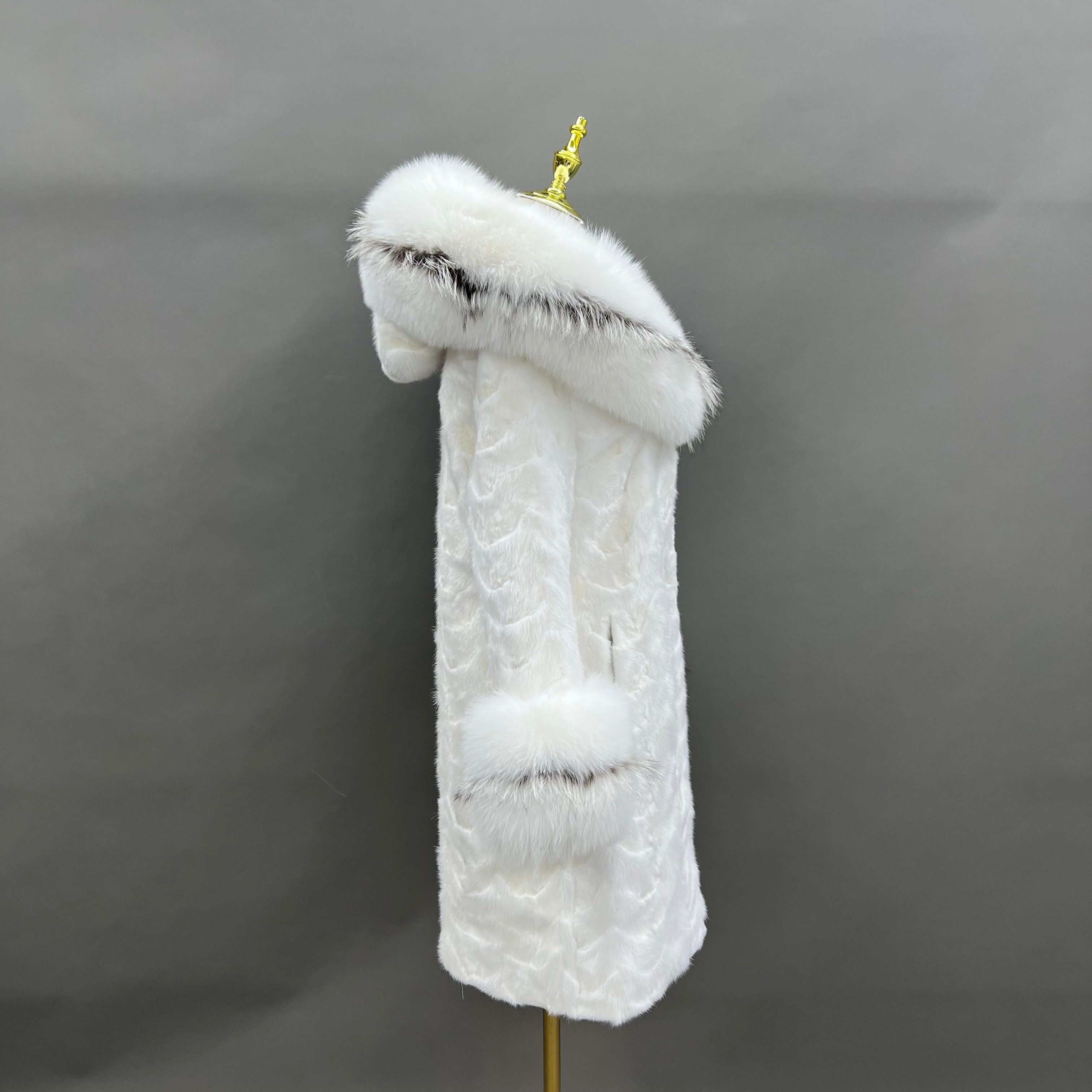 Luxury Long Mink Fur Coat with Fox Fur Hood & Cuffs – Women's Winter Warm Hooded Overcoat - Janefur