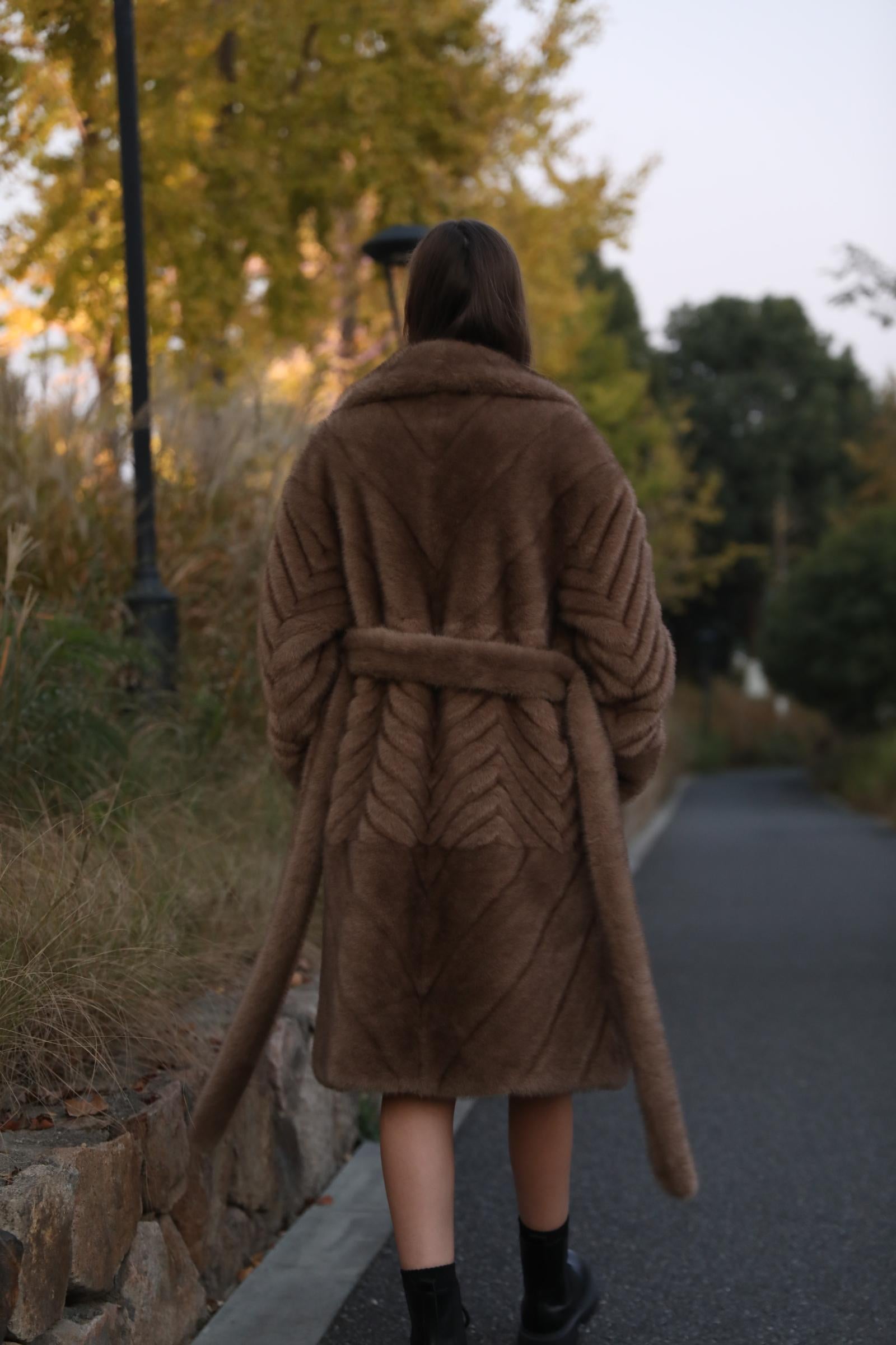 Women's New Fashionable Brown Lace-up Long Faux/Eco Mink Coat - Janefur