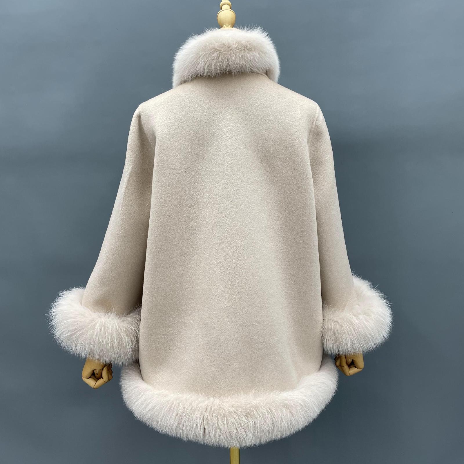 Women Elegant Style Cashmere Coat with Fox Fur Trim Shawl - Janefur