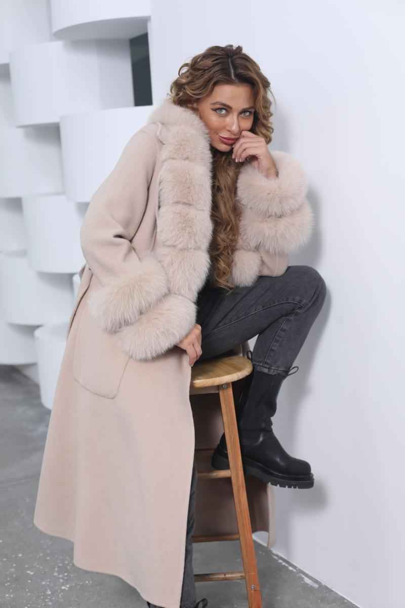 Skirt Hem Mandarin Collar with Sleeves and Two-section Fur Double-faced Wool - Janefur