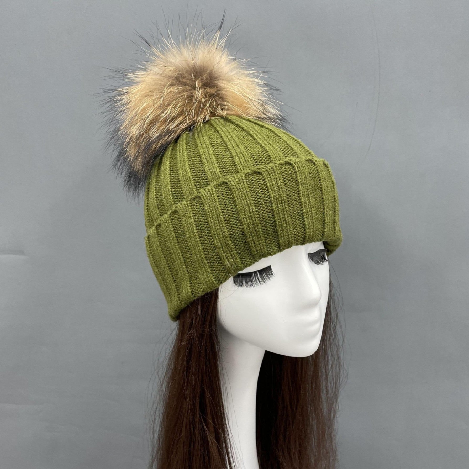 New Fall And Winter Striped With Fur Pom Pom Acrylic Hat - Janefur