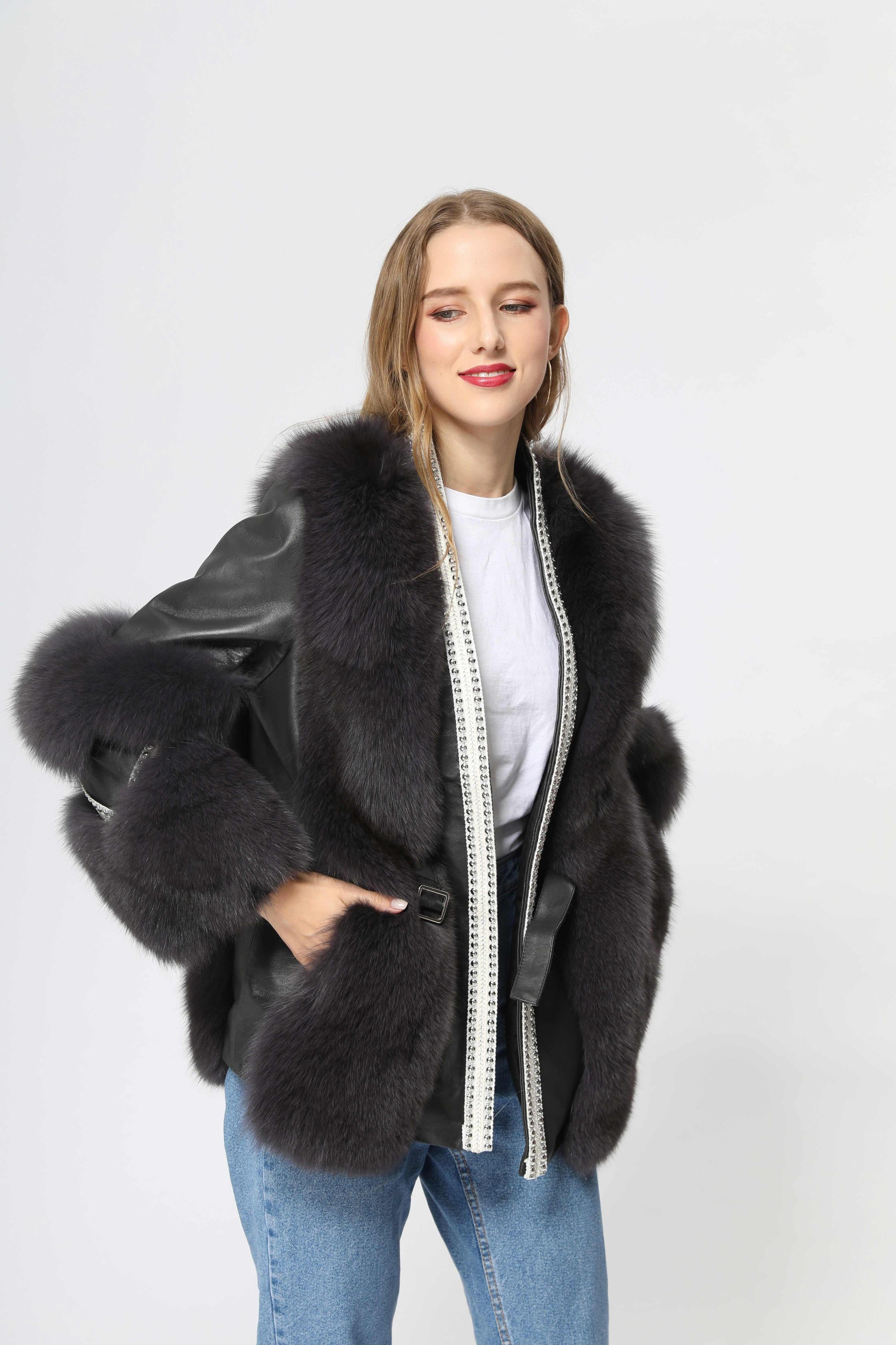Women's Fox Fur Patchwork Leather Rivet Front Winter Coat - Janefur