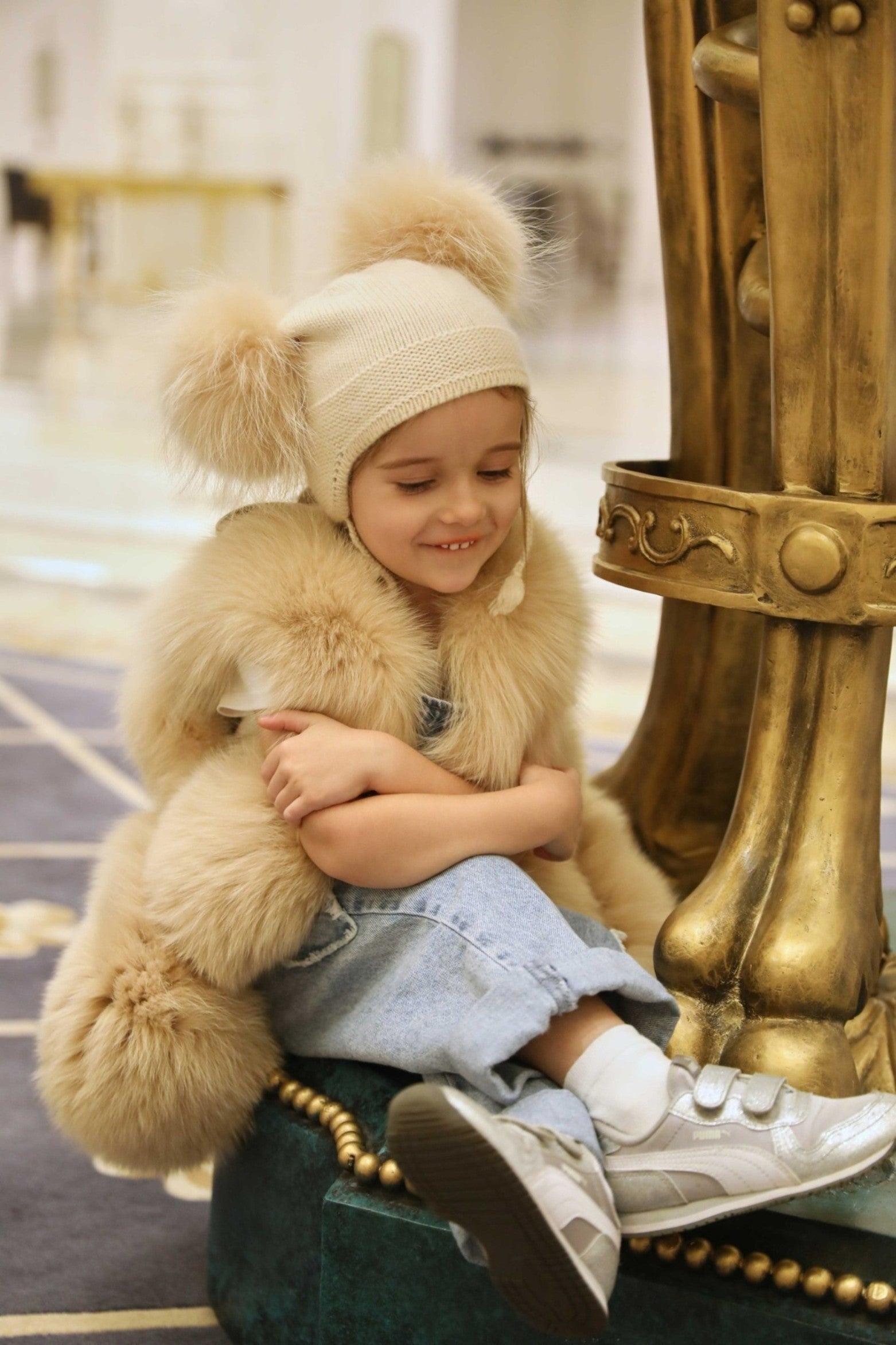 Kids Cute Pigtails Angora Double Raccoon Fur Pom Pom Hat - Janefur