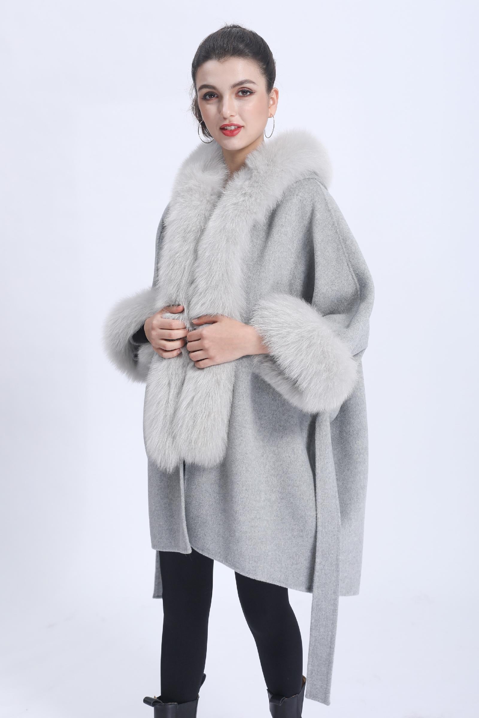 Wool Double-faced Coat with Fur Lapel Women's Casual Coat Cashmere Outerwear - Janefur