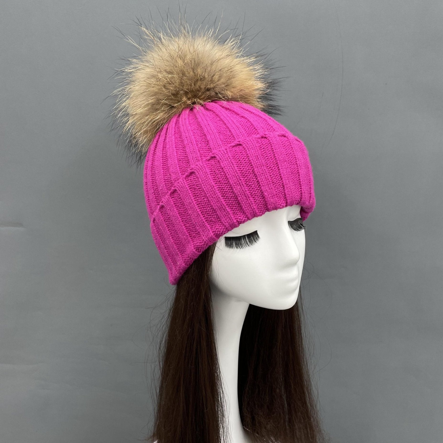 New Fall And Winter Striped With Fur Pom Pom Acrylic Hat - Janefur