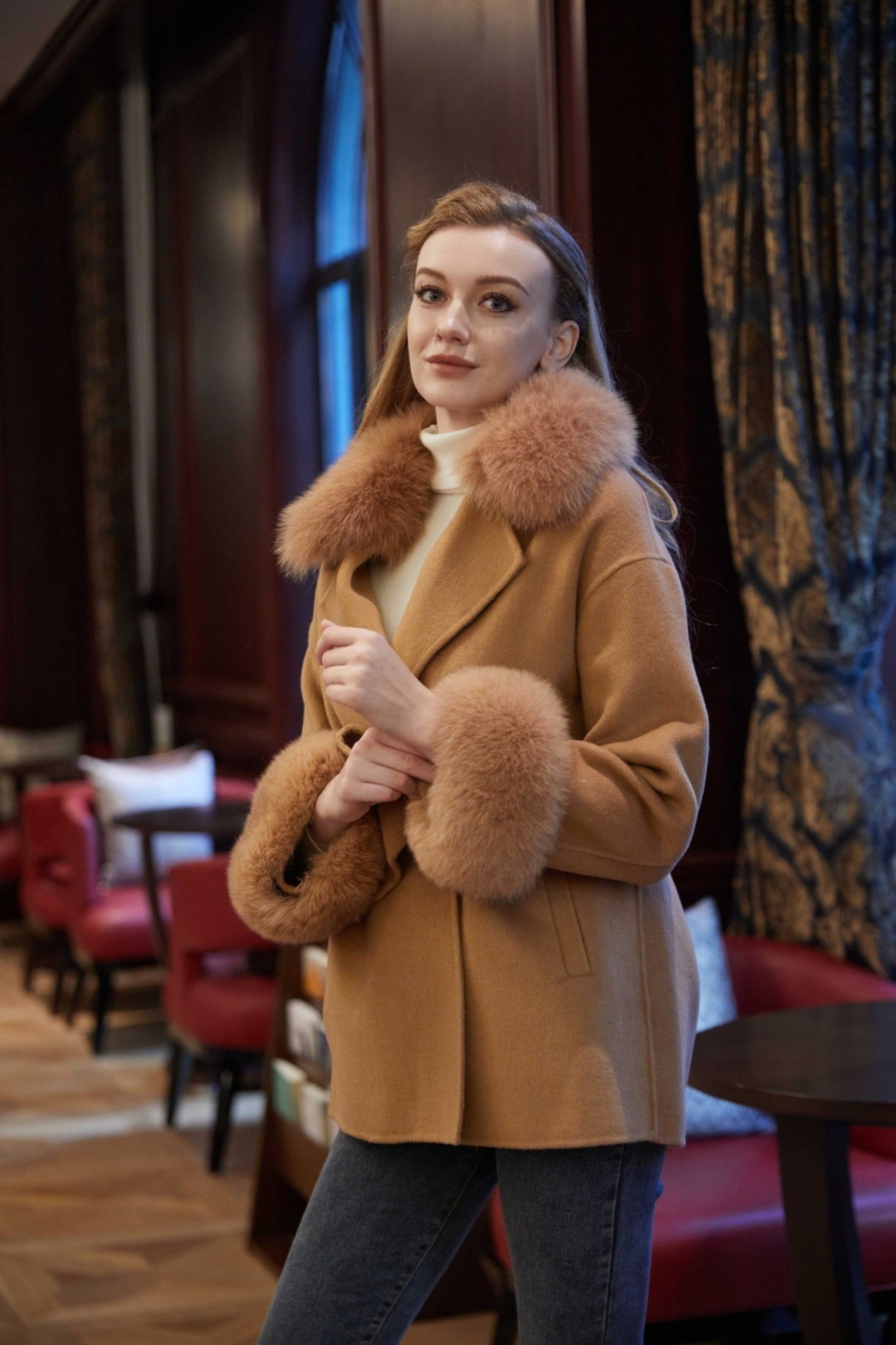 Trendy New Style Fox Fur Collar Short Cashmere Coat For Women - Janefur